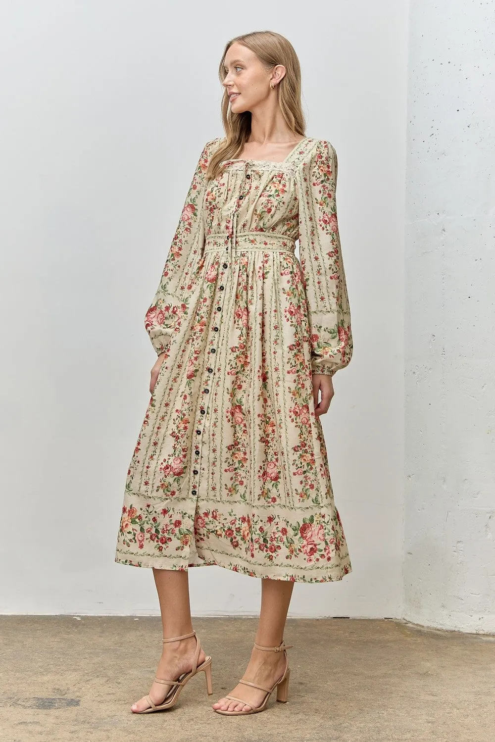 Cream Floral Stripe Button Down Long Sleeve Midi Dress sold by Pinkblush product image thumbnail 2