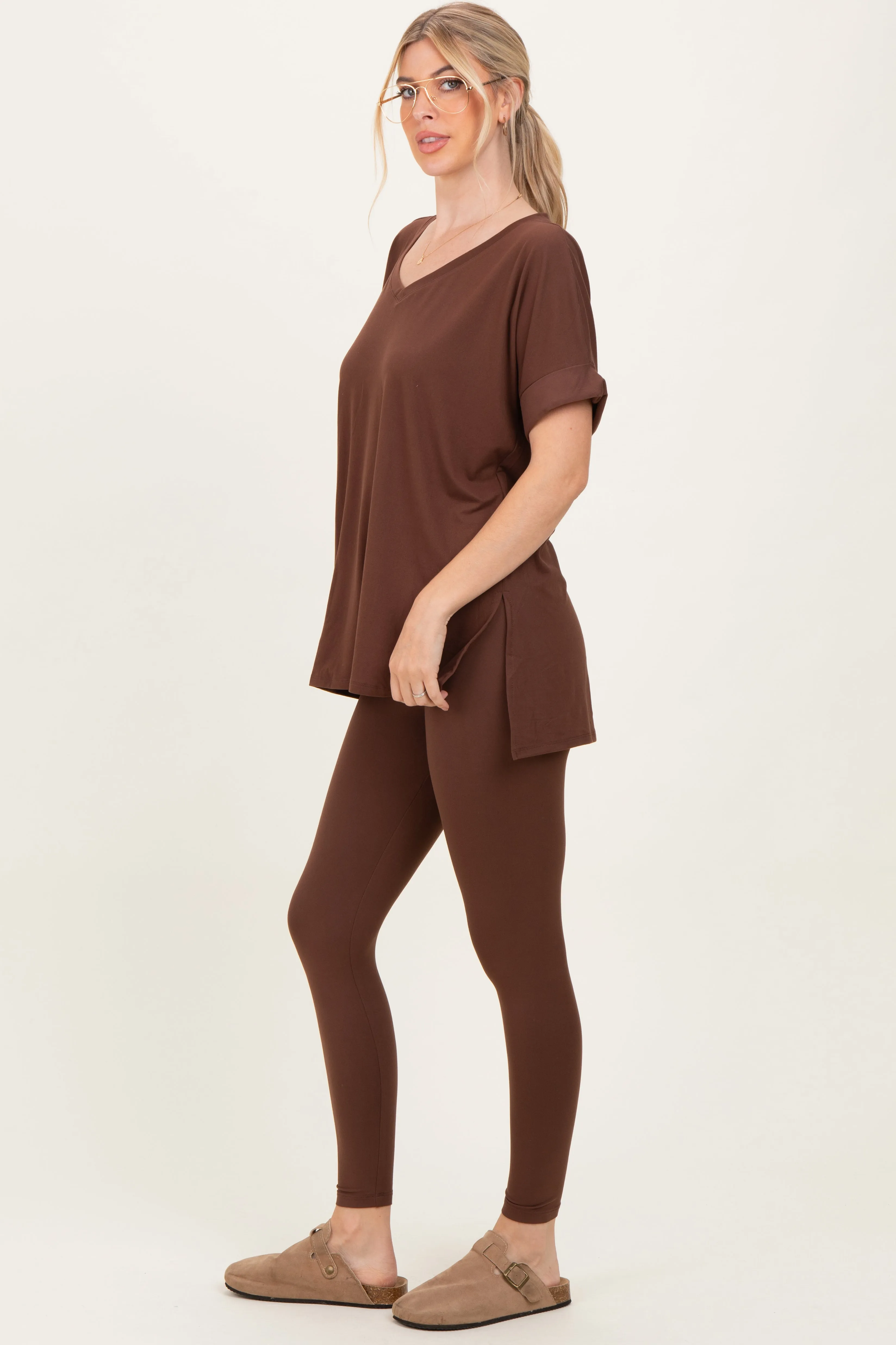 Brown Oversized V-Neck Tee Legging Lounge Set sold by Pinkblush product image thumbnail 3