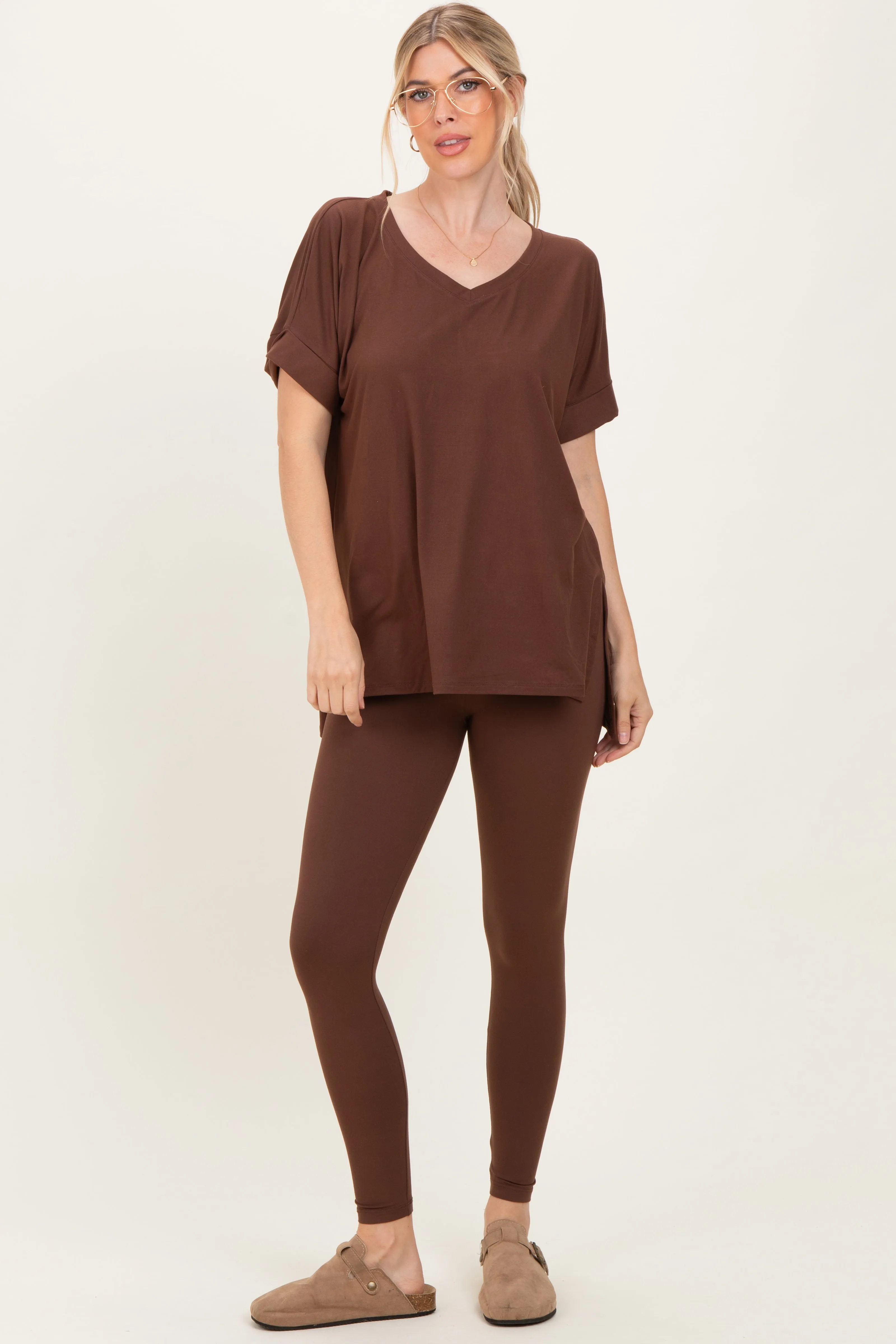 Brown Oversized V-Neck Tee Legging Lounge Set sold by Pinkblush