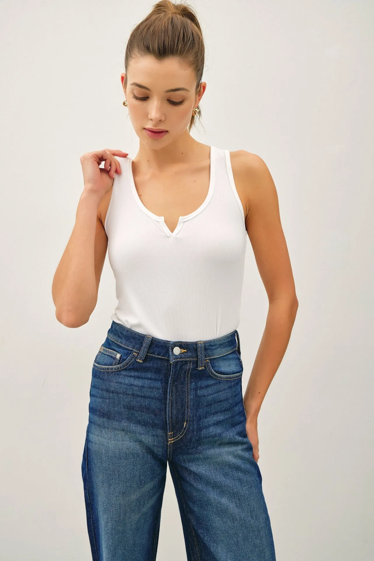 White Ribbed Split Neck Tank Top sold by Pinkblush