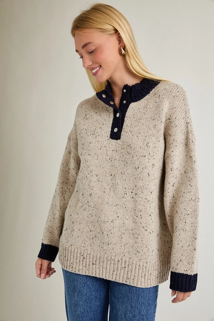 Beige Speckle Knit Snap Button Oversized Sweater sold by Pinkblush