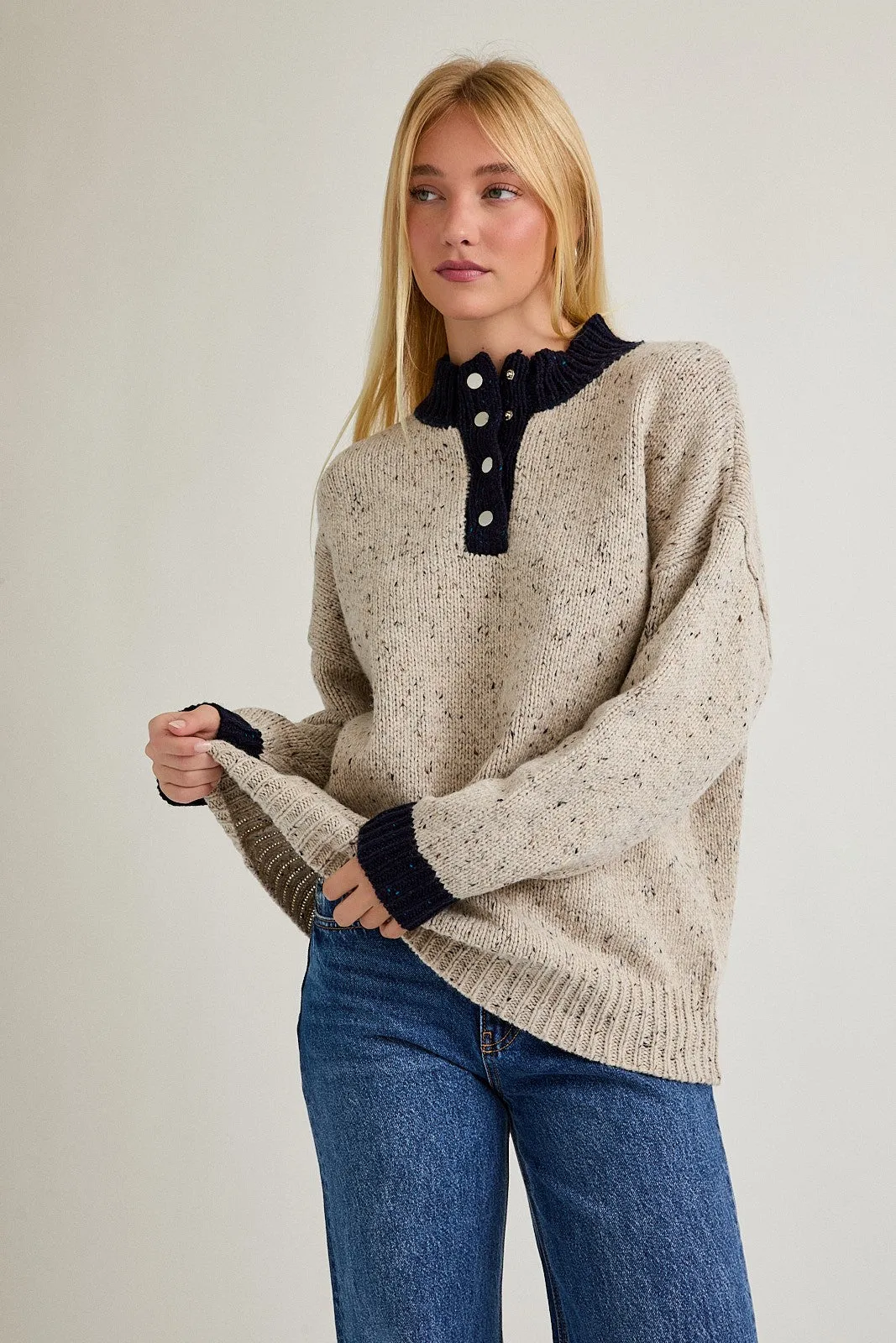 Beige Speckle Knit Snap Button Oversized Sweater sold by Pinkblush product image thumbnail 2
