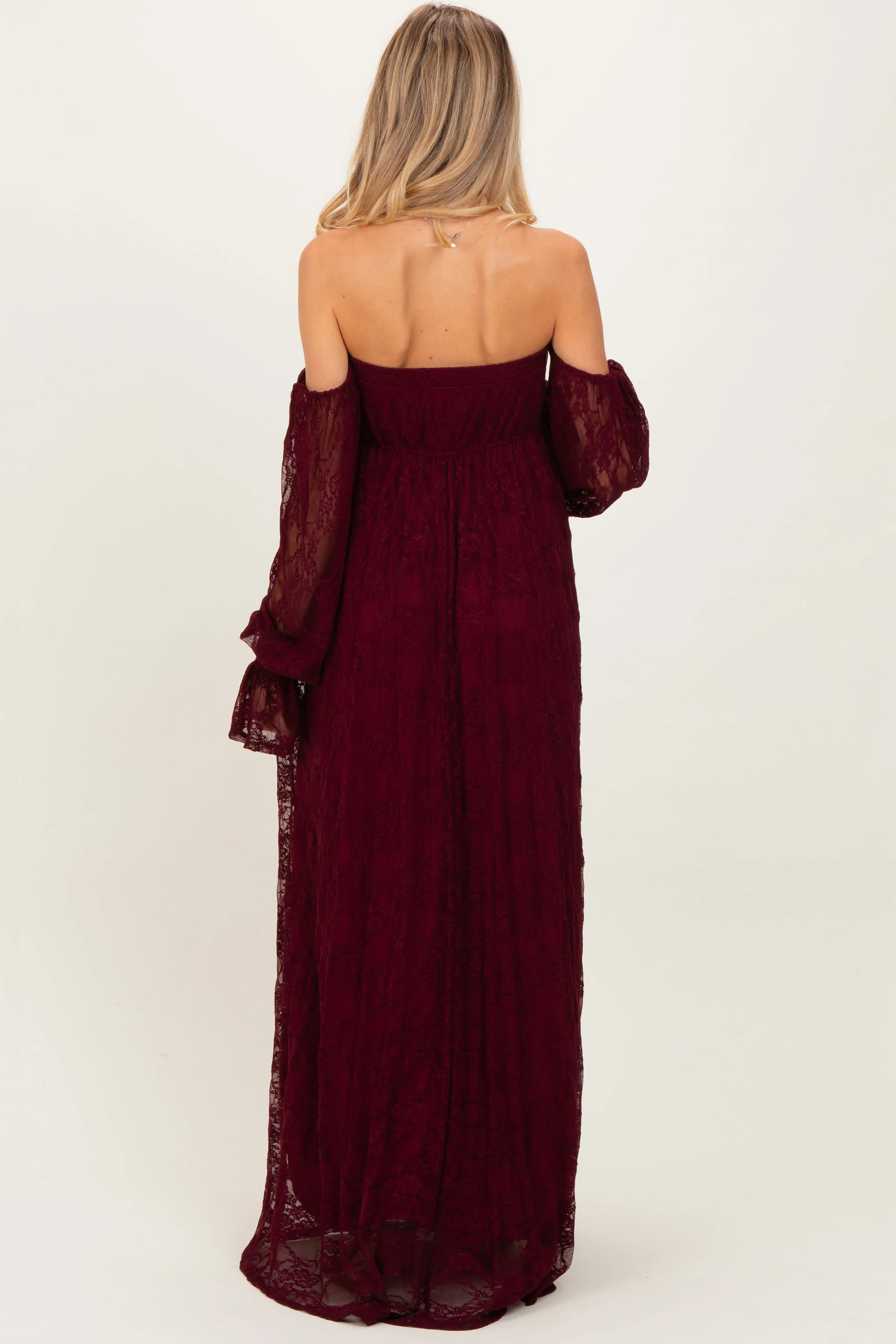 Burgundy Lace Smocked Long Sleeve Off Shoulder Maternity Maxi Dress sold by Pinkblush product image thumbnail 4
