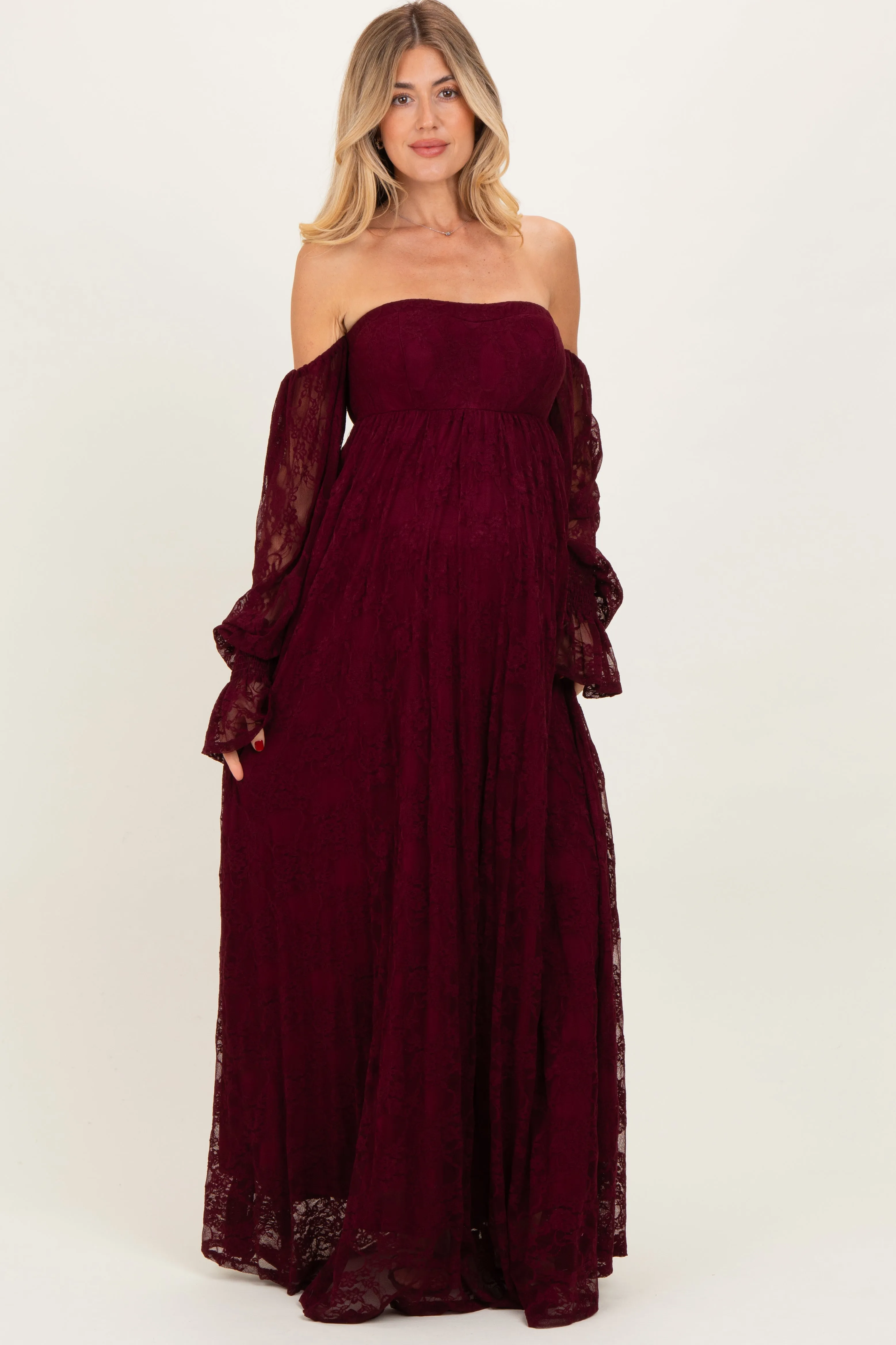 Burgundy Lace Smocked Long Sleeve Off Shoulder Maternity Maxi Dress sold by Pinkblush