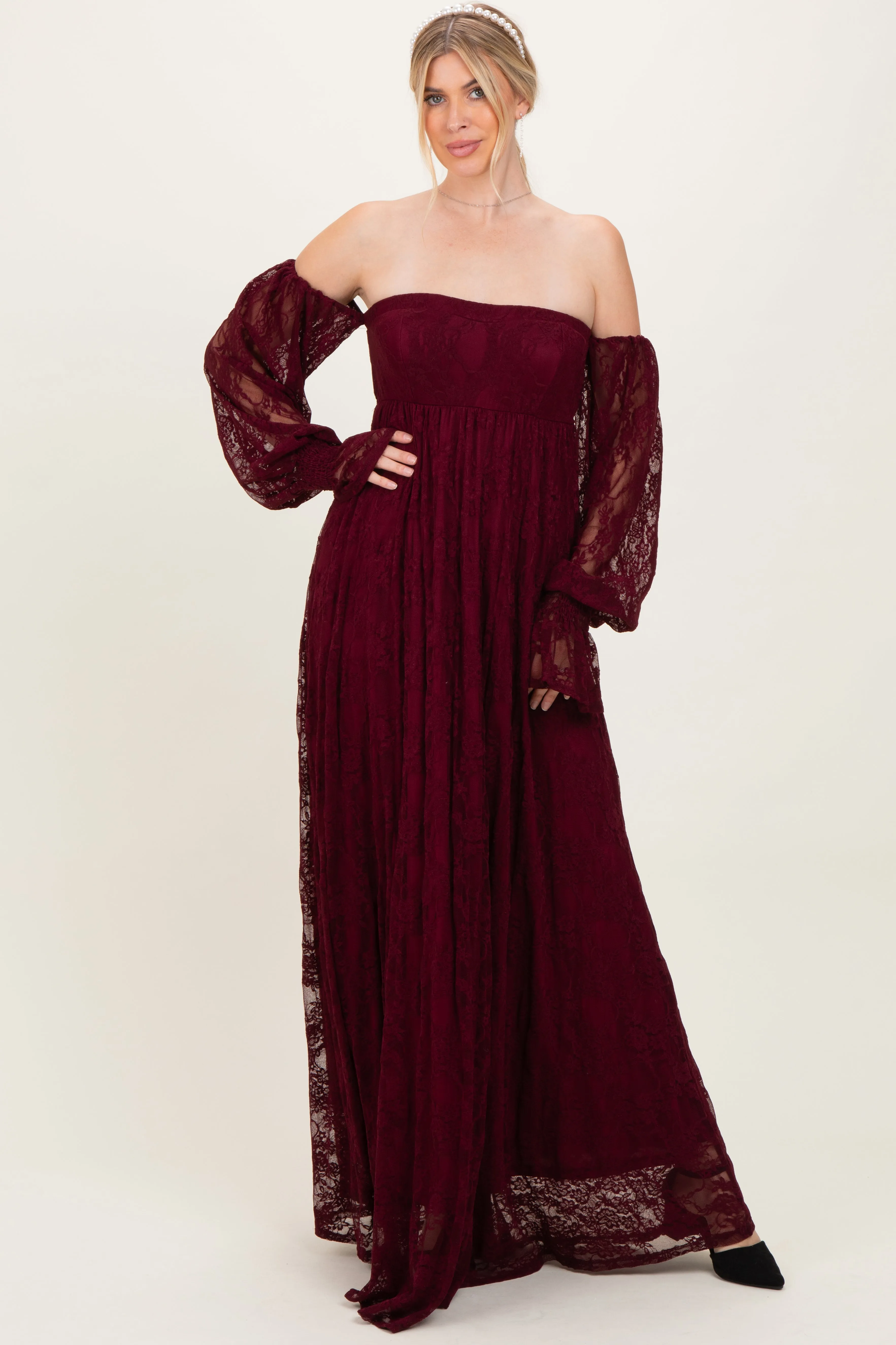 Burgundy Lace Smocked Long Sleeve Off Shoulder Maternity Maxi Dress sold by Pinkblush product image thumbnail 5