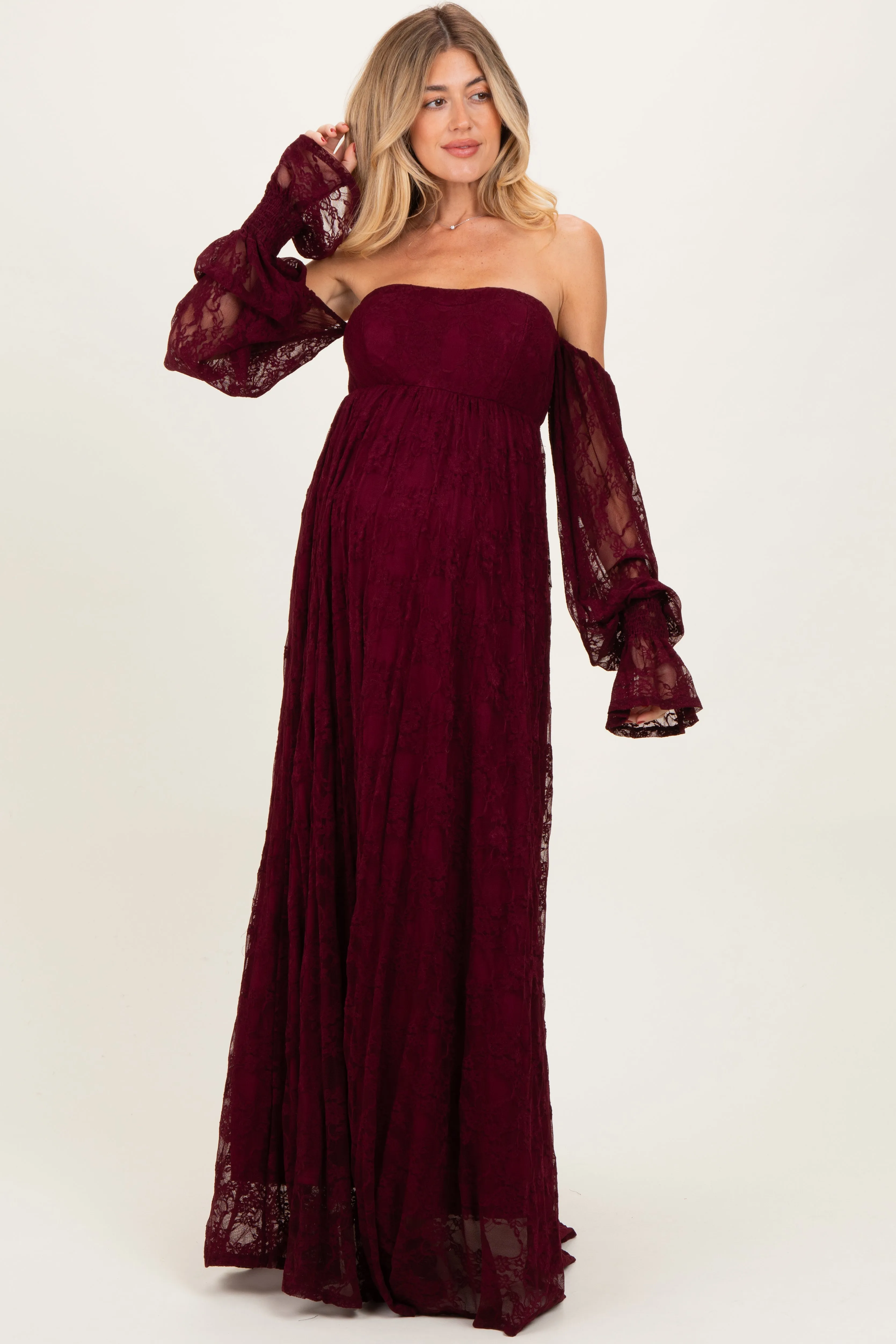 Burgundy Lace Smocked Long Sleeve Off Shoulder Maternity Maxi Dress sold by Pinkblush product image thumbnail 2