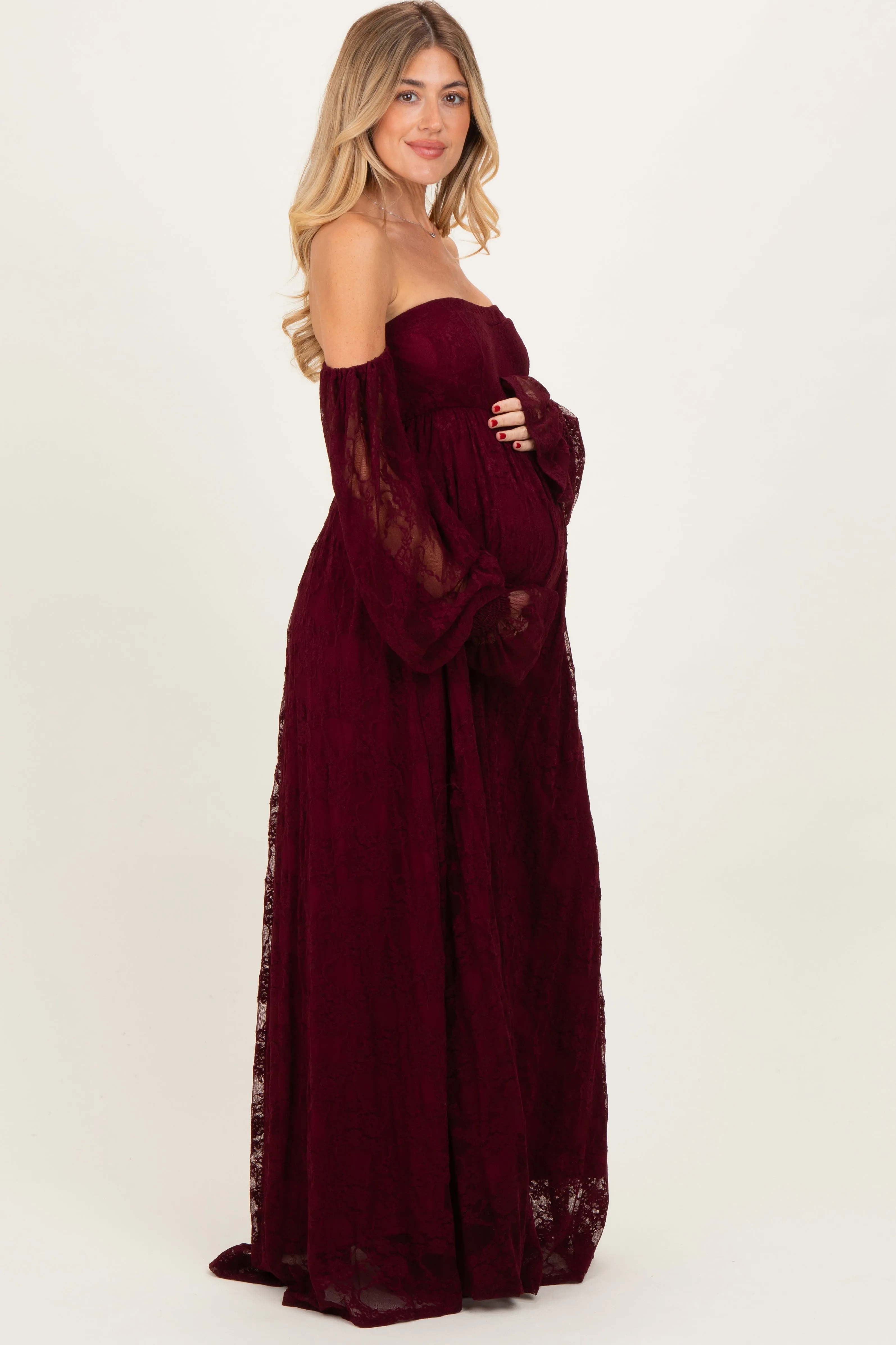 Burgundy Lace Smocked Long Sleeve Off Shoulder Maternity Maxi Dress sold by Pinkblush product image thumbnail 3