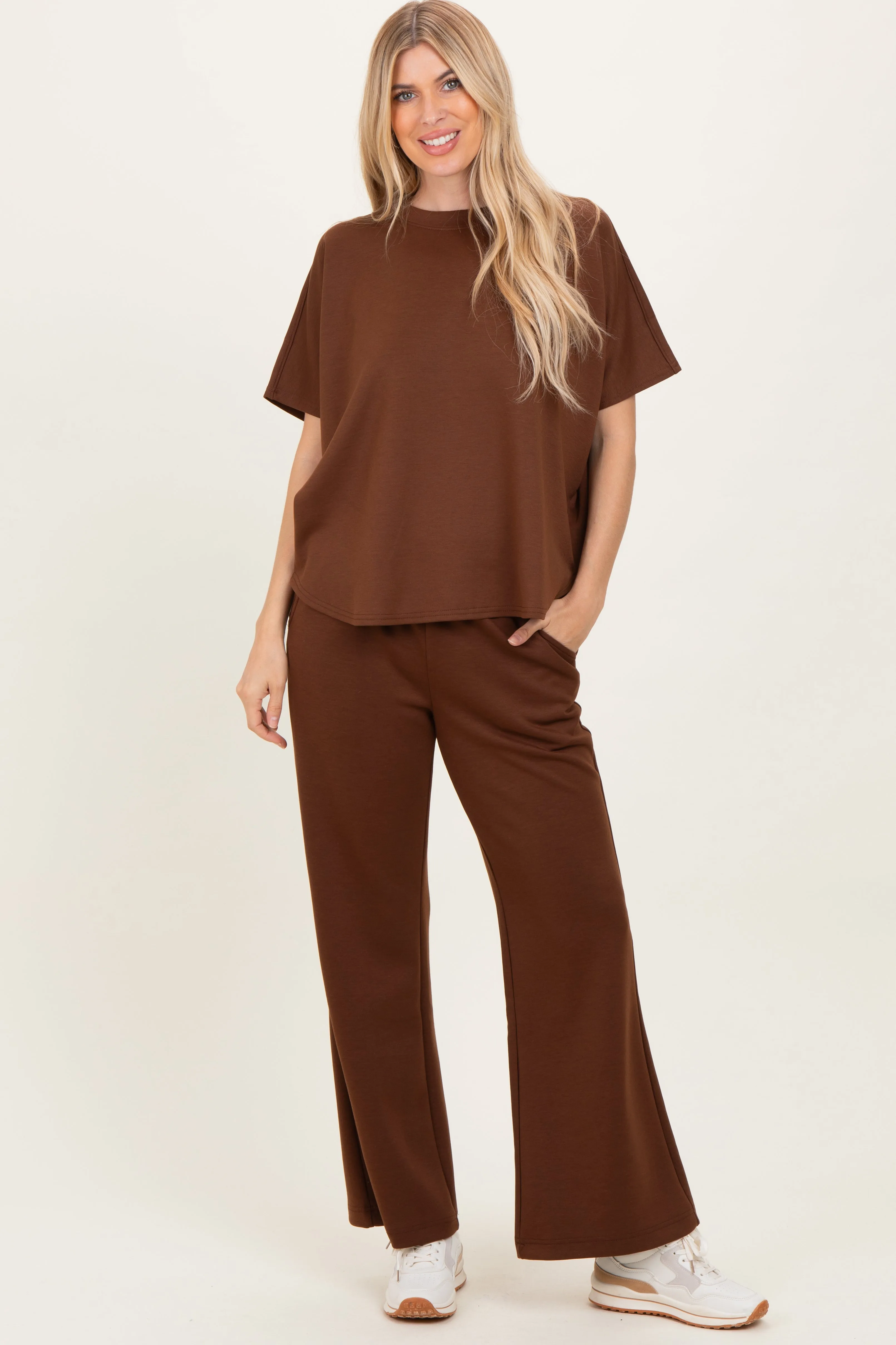 Brown Curved Hem Tee Pants Maternity Set sold by Pinkblush