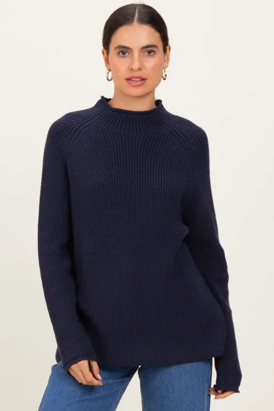 Navy Mock Neck Ribbed Knit Basic Sweater Top sold by Pinkblush