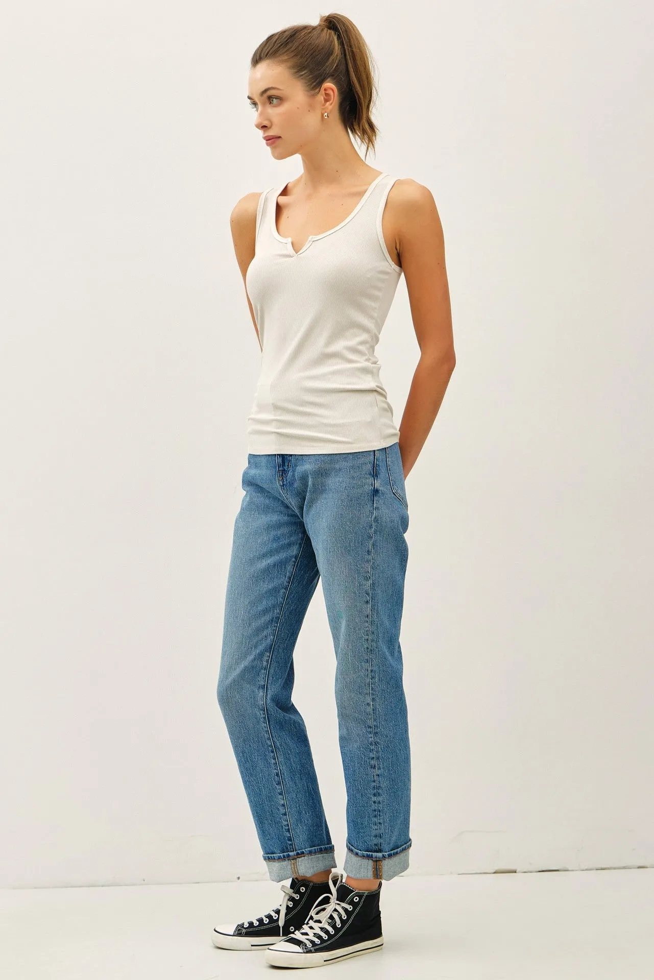 Cream Ribbed Split Neck Tank Top sold by Pinkblush product image thumbnail 3