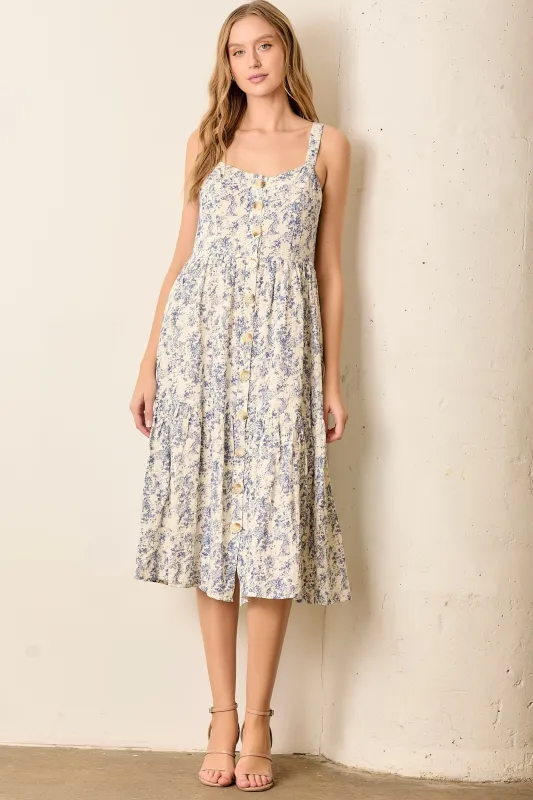 Blue Floral Button Down Tiered Dress sold by Pinkblush