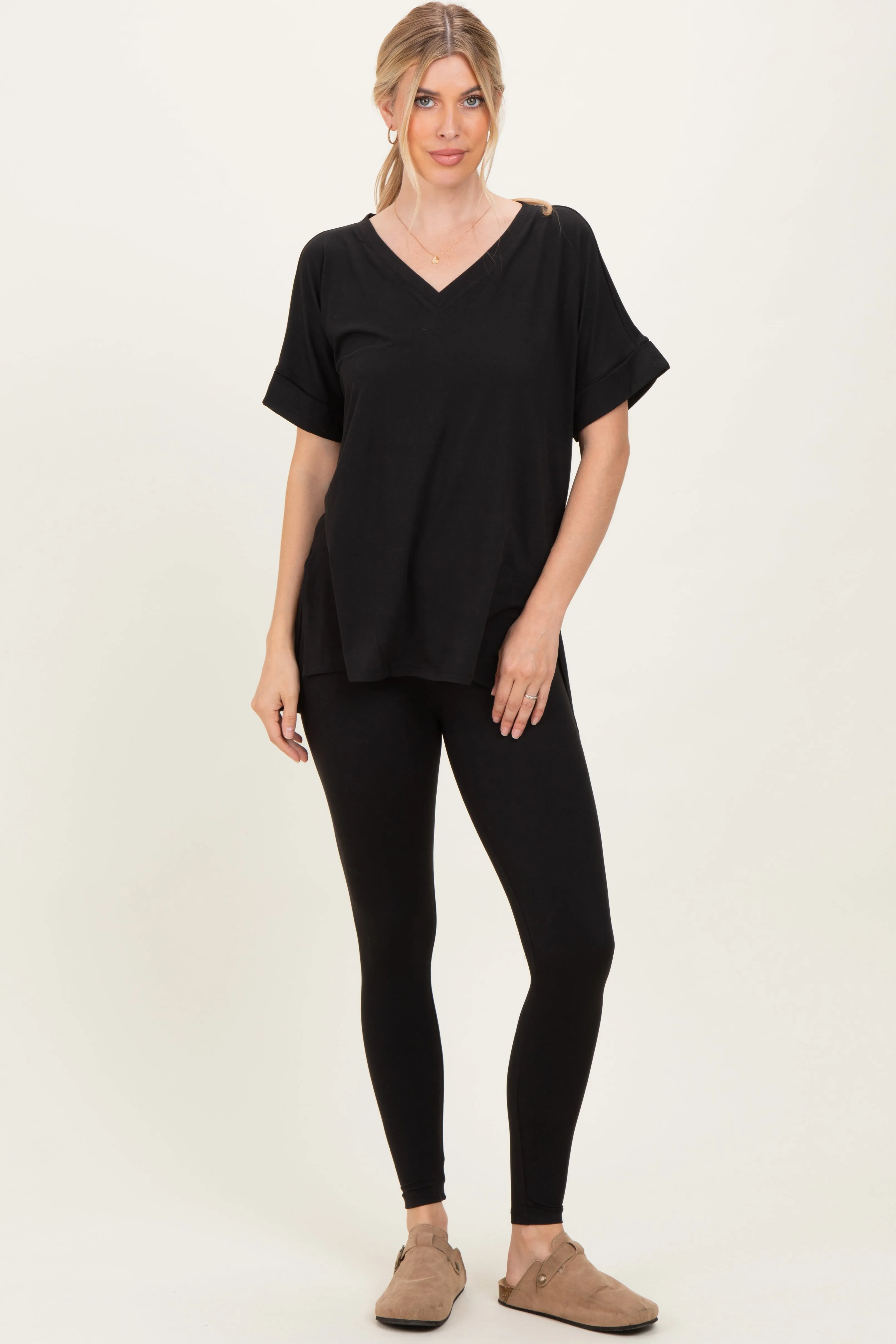 Black Oversized V-Neck Tee Legging Lounge Set sold by Pinkblush product image thumbnail 2