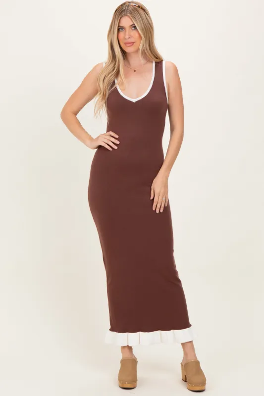 Brown Knit V-Neck Contrast Ruffle Hem Maxi Dress sold by Pinkblush