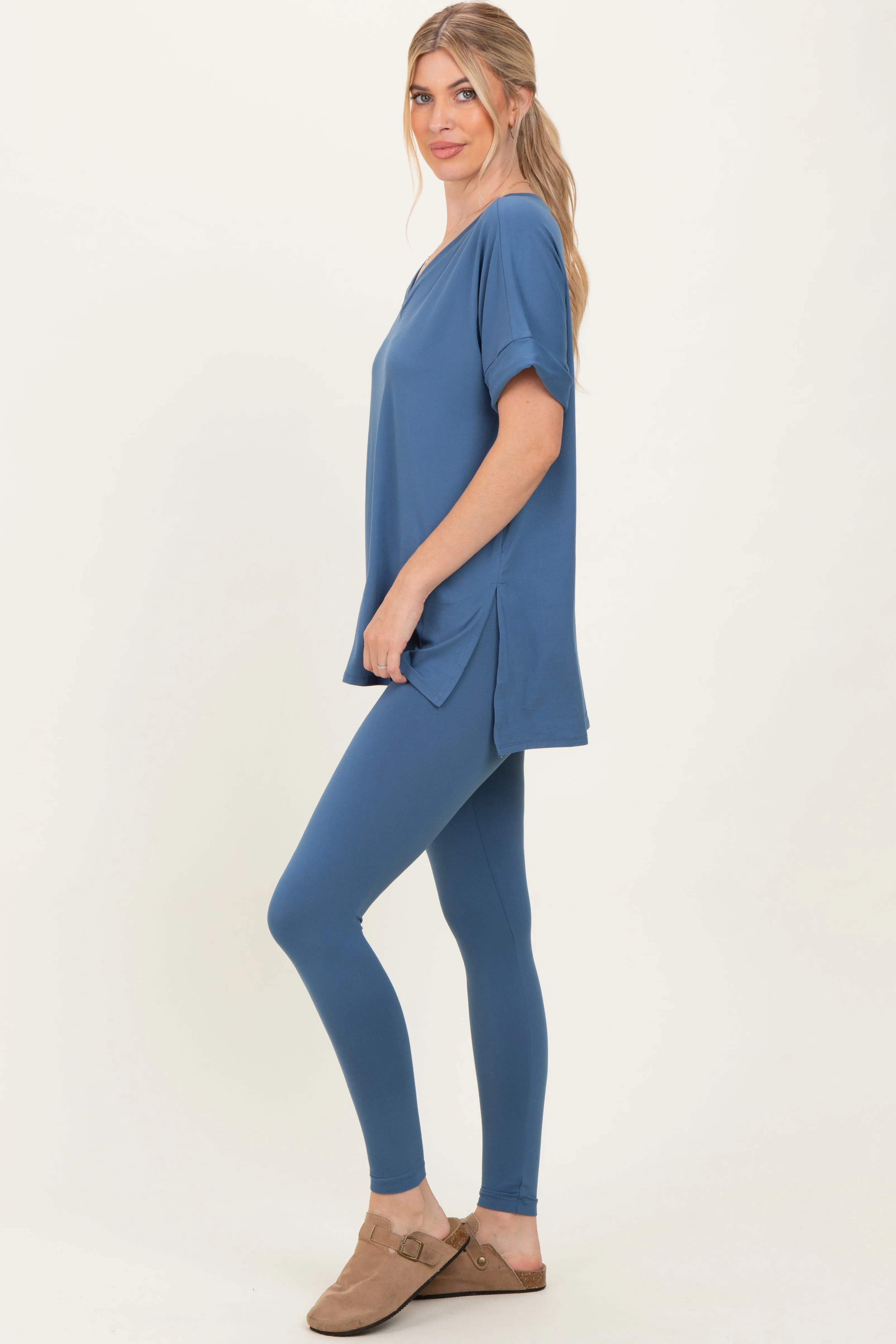 Dusty Blue Oversized V-Neck Tee Legging Lounge Set sold by Pinkblush product image thumbnail 3