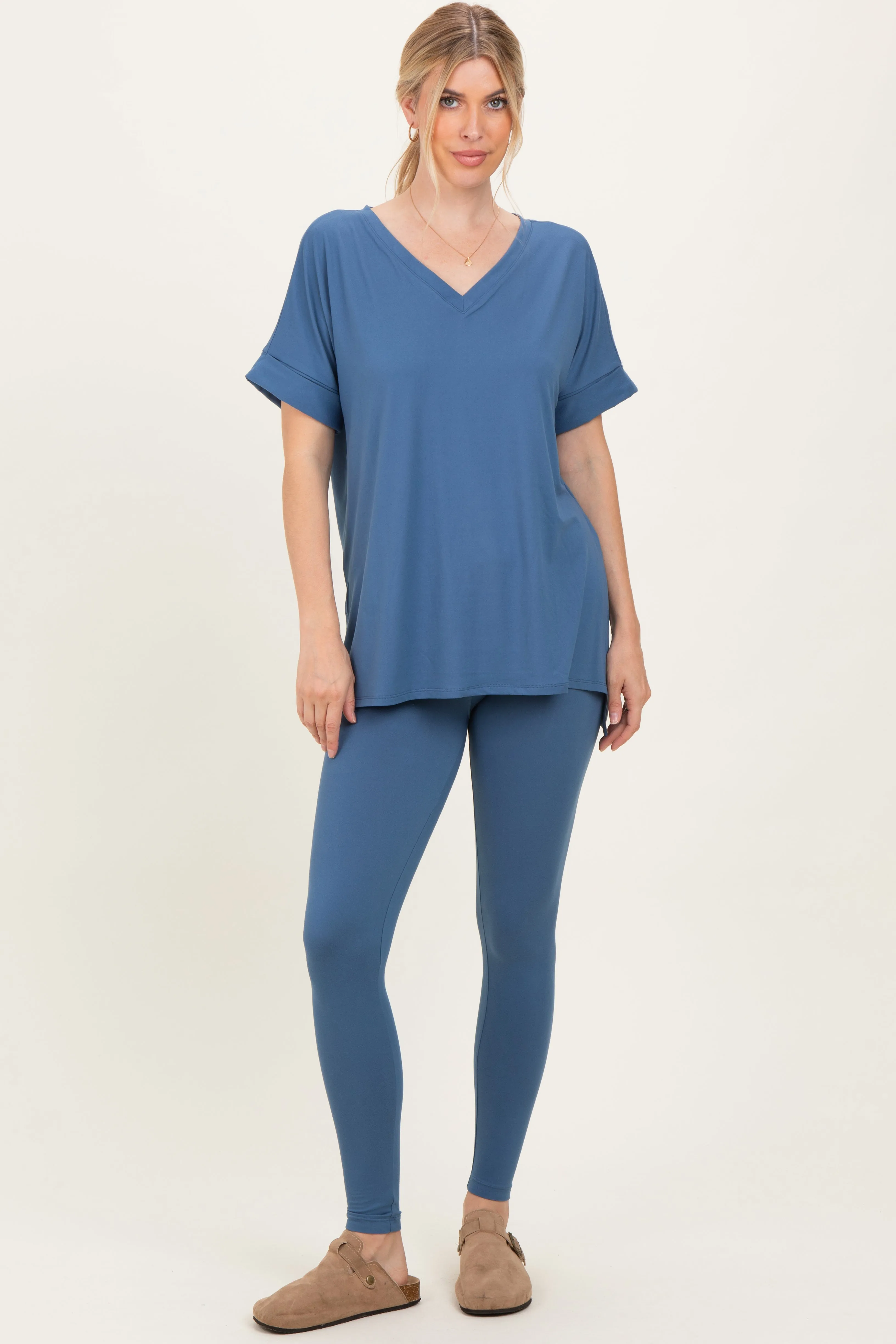 Dusty Blue Oversized V-Neck Tee Legging Lounge Set sold by Pinkblush