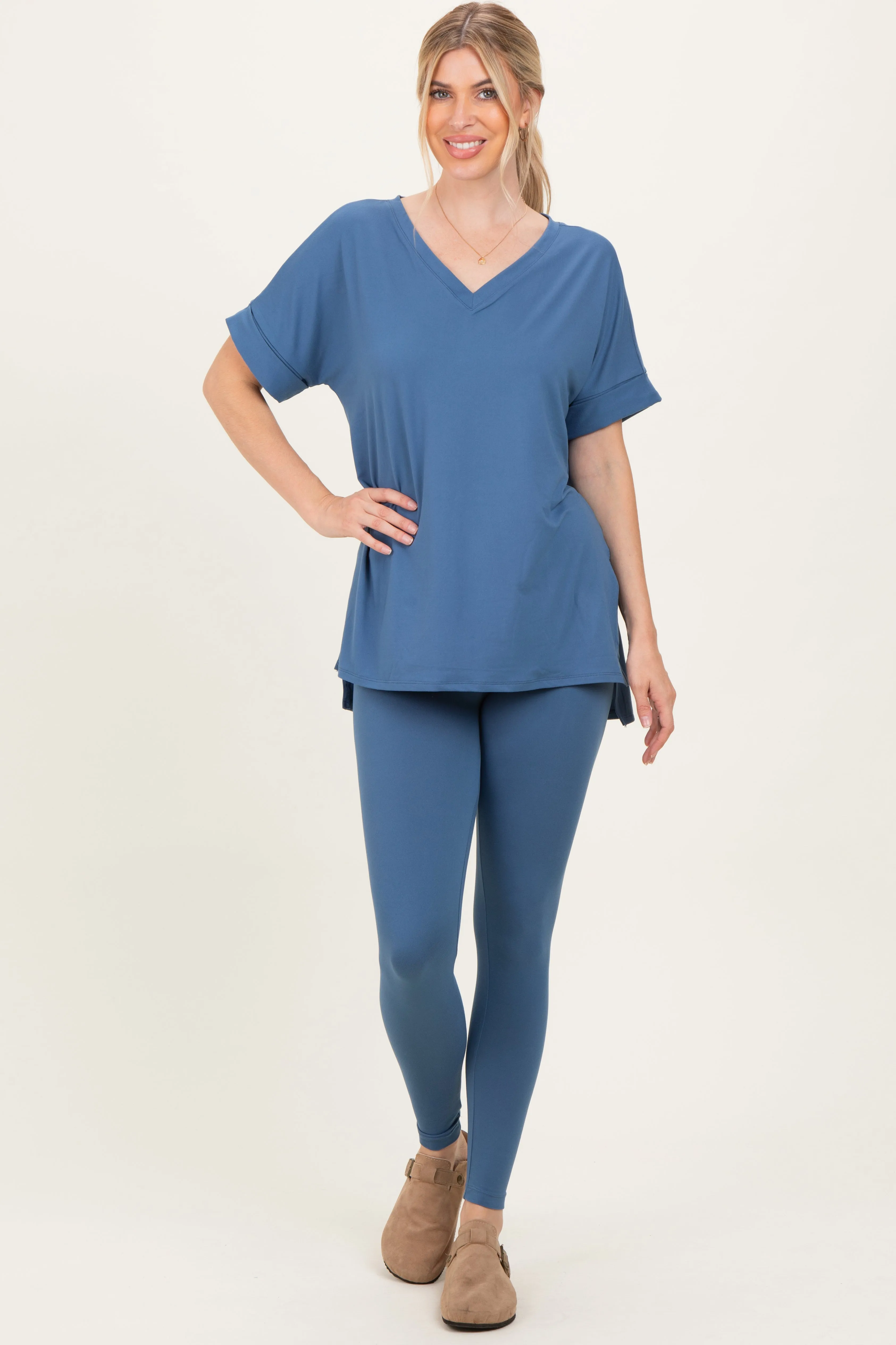 Dusty Blue Oversized V-Neck Tee Legging Lounge Set sold by Pinkblush product image thumbnail 2