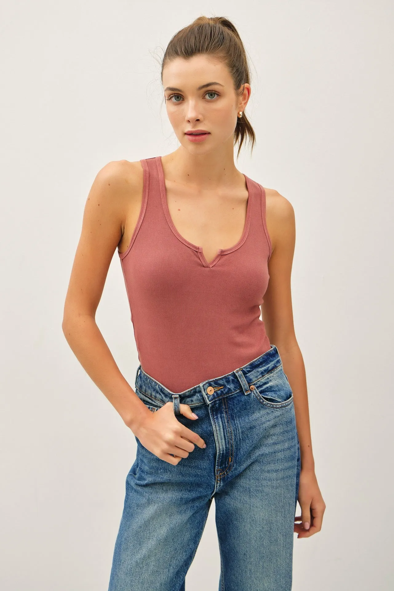 Rust Ribbed Split Neck Tank Top sold by Pinkblush