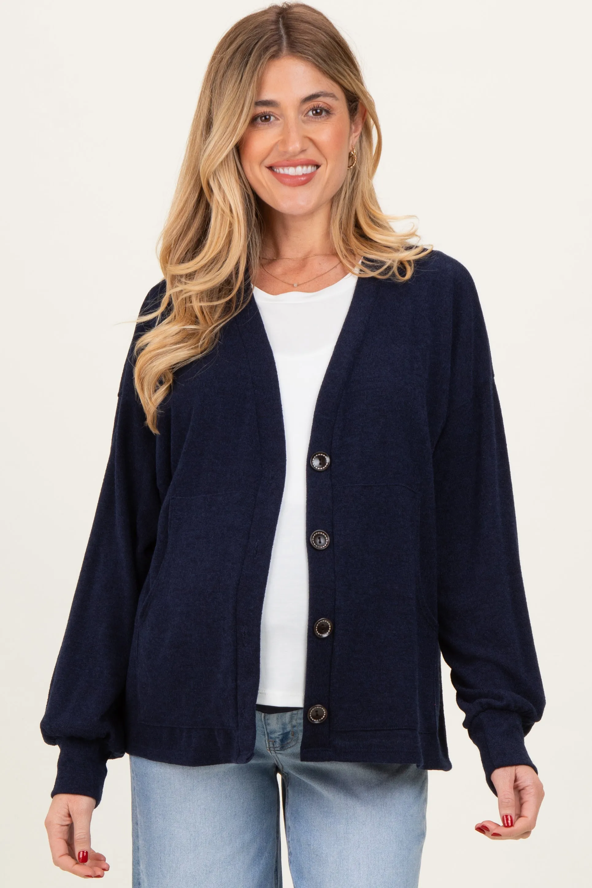 Navy Knit Button Front Maternity Cardigan sold by Pinkblush