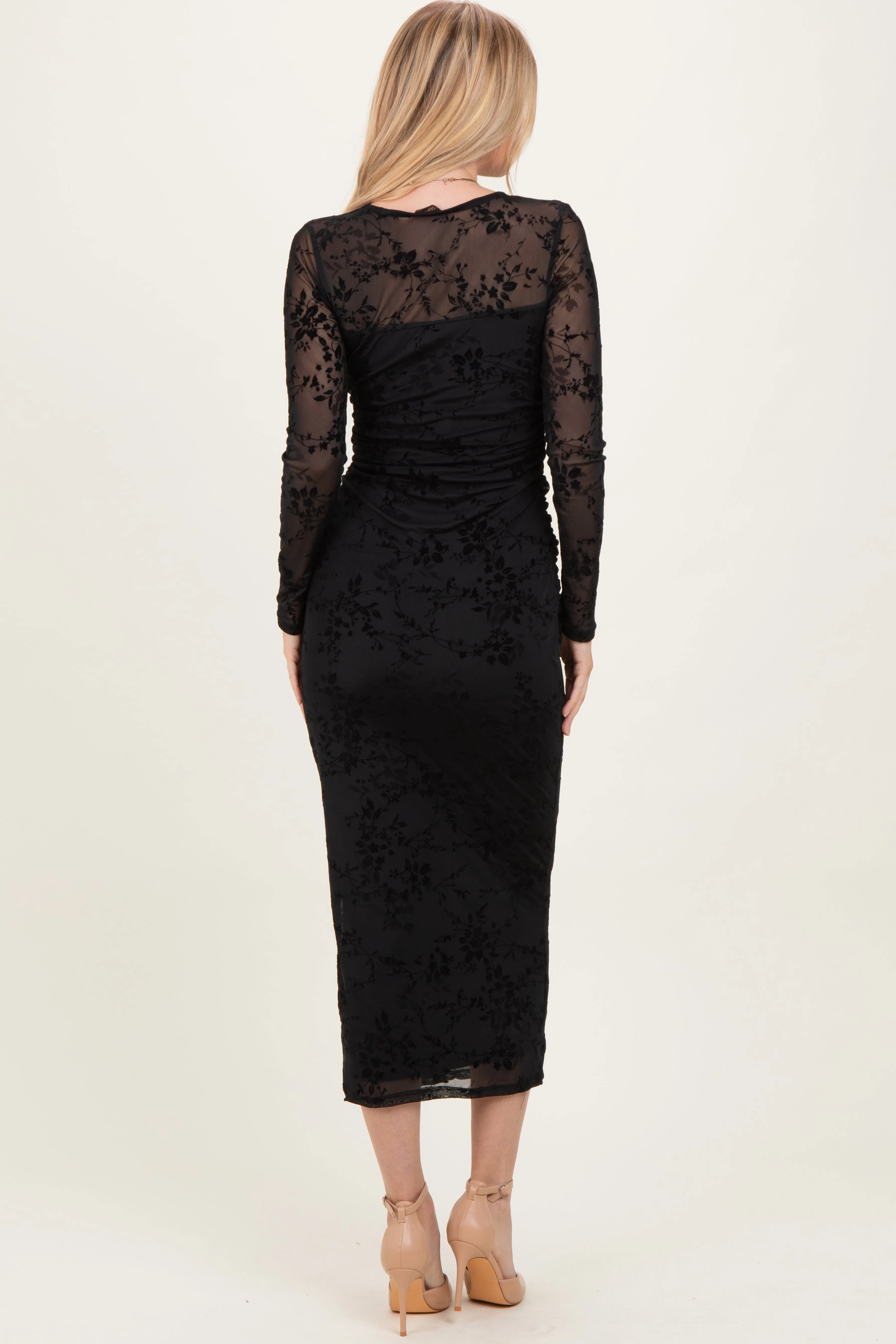 Black Floral Flocked Mesh Long Sleeve Midi Dress sold by Pinkblush product image thumbnail 4