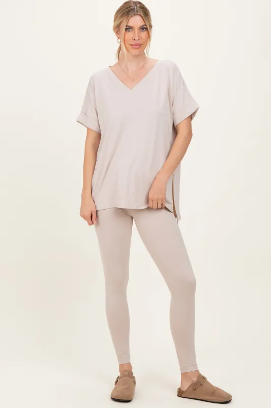 Sand Oversized V-Neck Tee Legging Lounge Set sold by Pinkblush