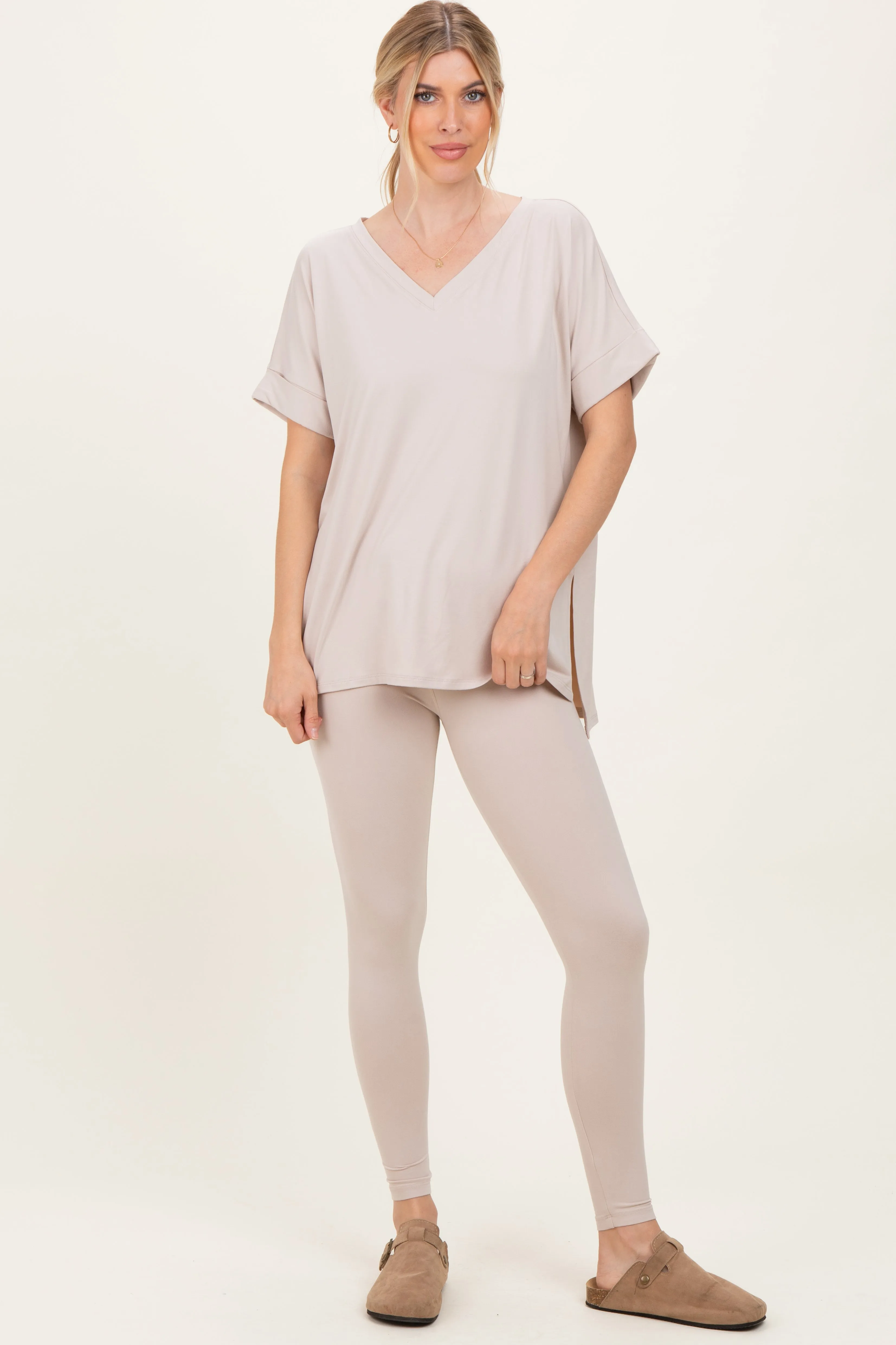 Sand Oversized V-Neck Tee Legging Lounge Set sold by Pinkblush
