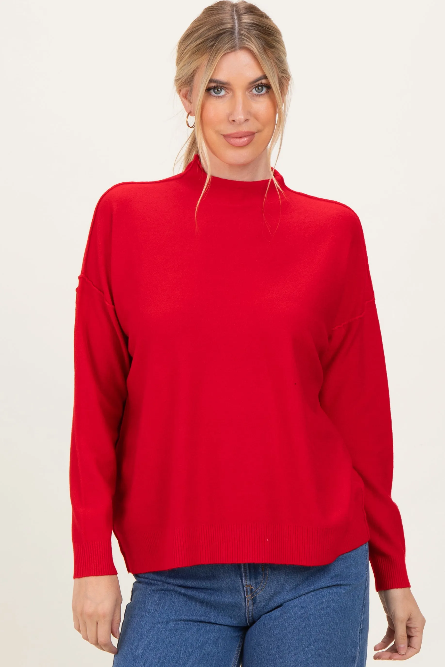 Red Mock Neck Exposed Seam Sweater sold by Pinkblush