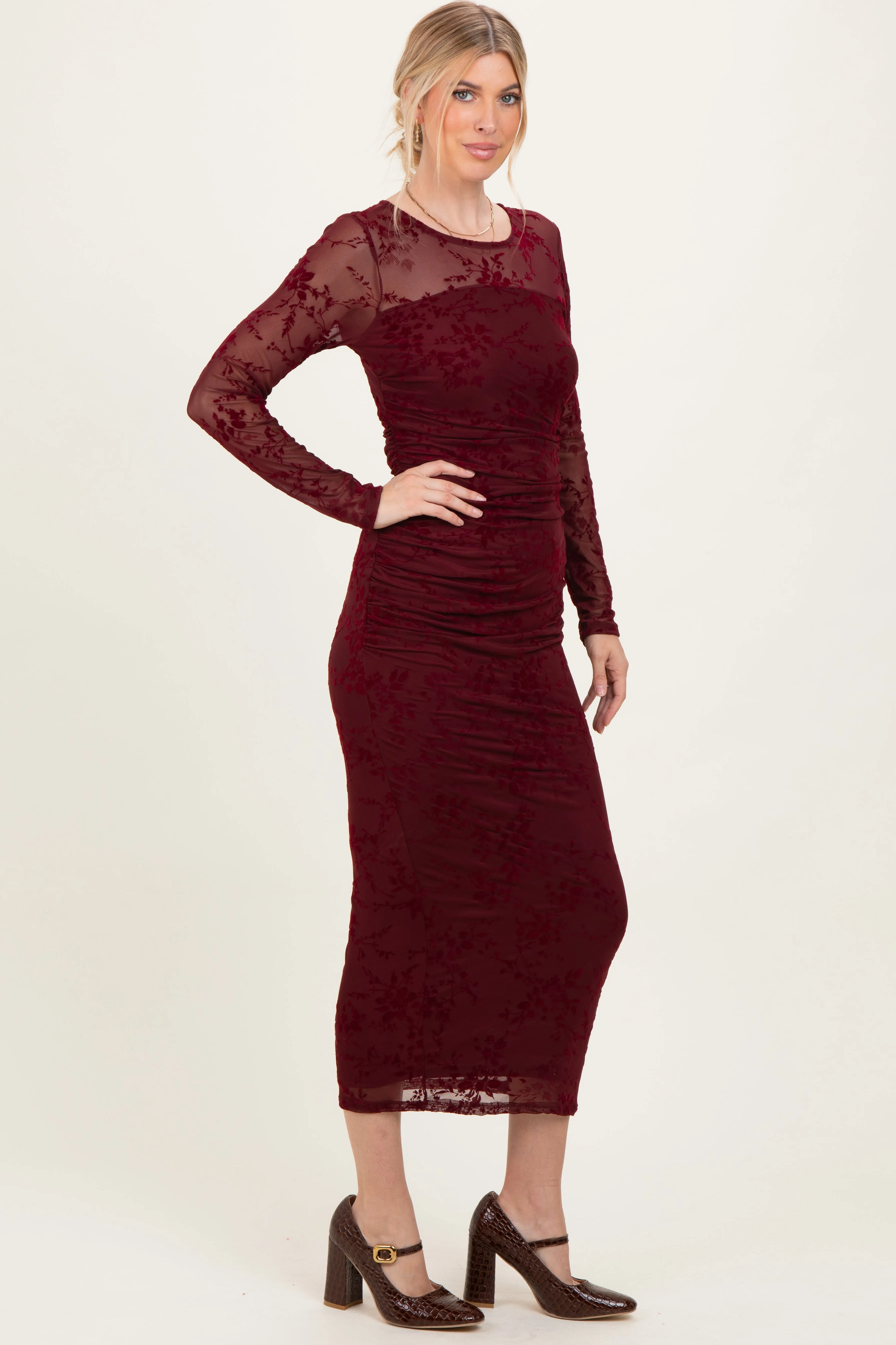 Burgundy Floral Flocked Mesh Long Sleeve Midi Dress sold by Pinkblush product image thumbnail 2