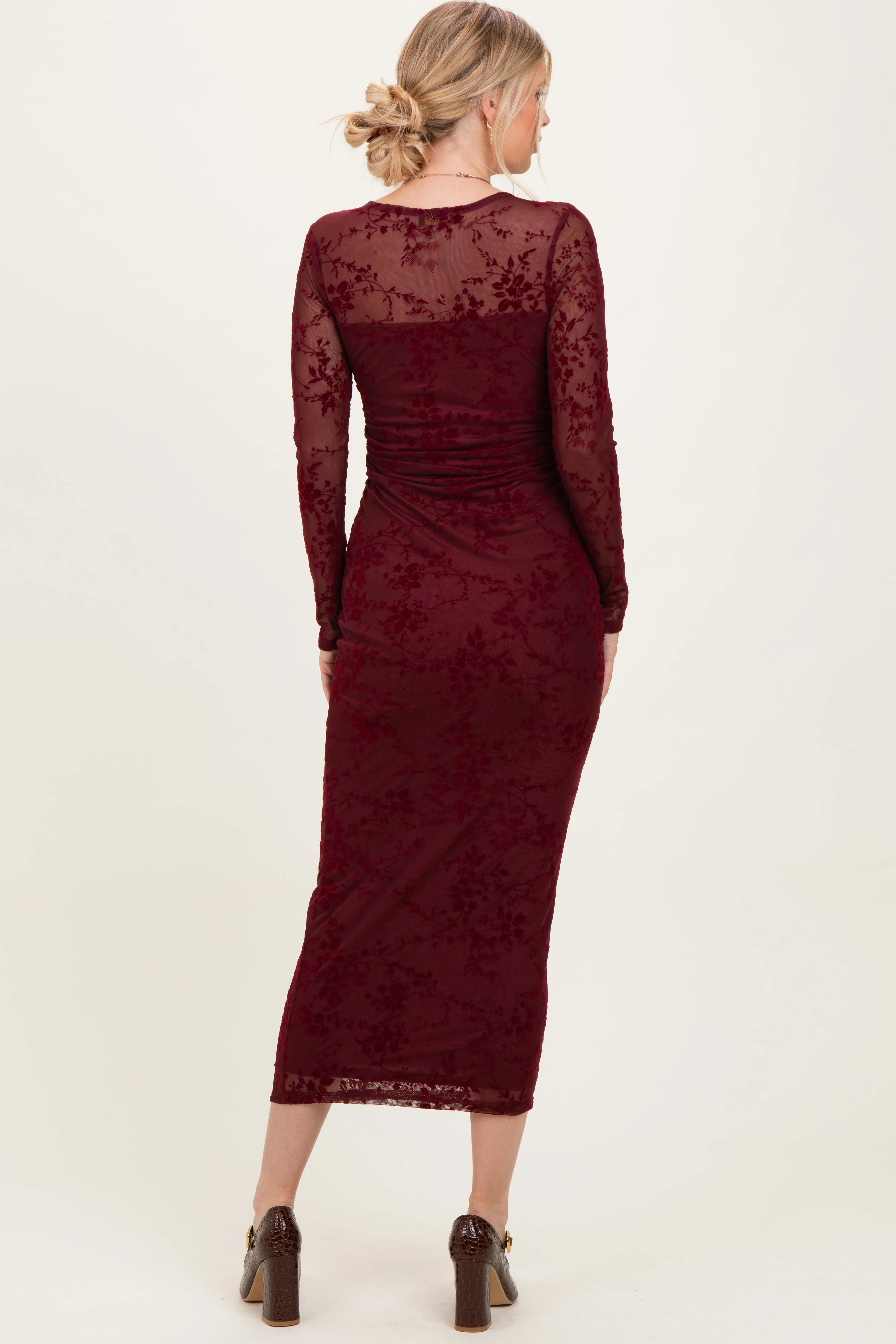 Burgundy Floral Flocked Mesh Long Sleeve Midi Dress sold by Pinkblush product image thumbnail 3