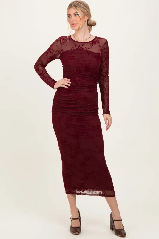 Burgundy Floral Flocked Mesh Long Sleeve Midi Dress sold by Pinkblush