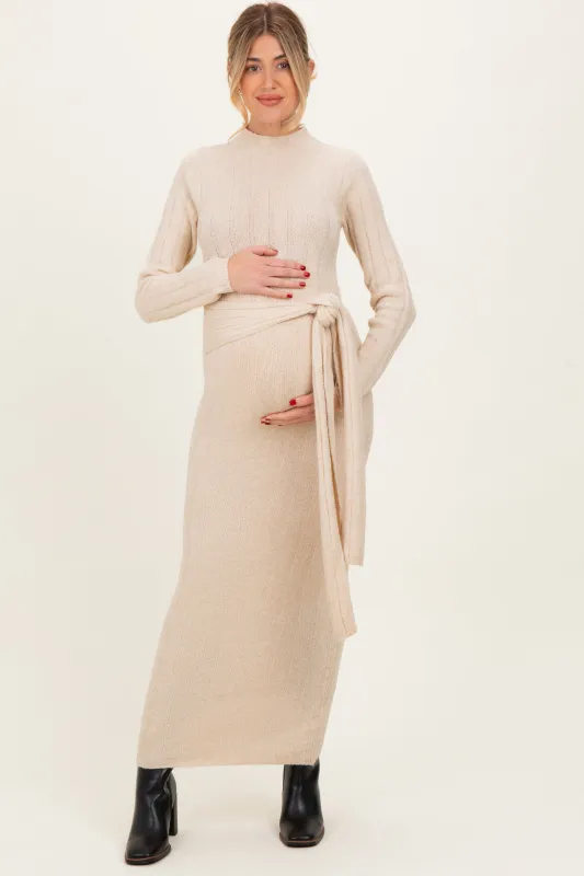 Cream Ribbed Front Tie Maternity Maxi Sweater Dress made by Klesis
