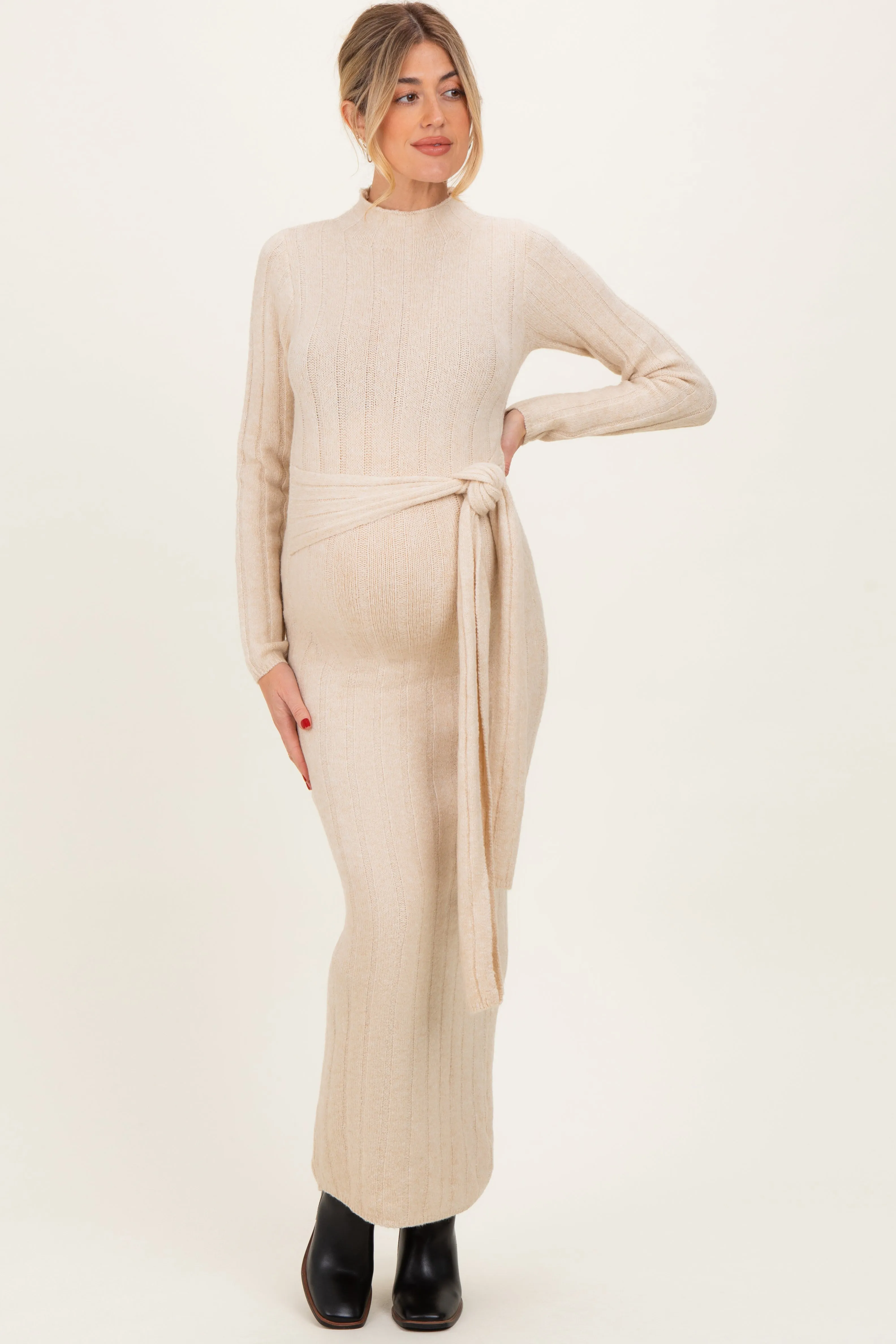 Cream Ribbed Front Tie Maternity Maxi Sweater Dress sold by Pinkblush product image thumbnail 2