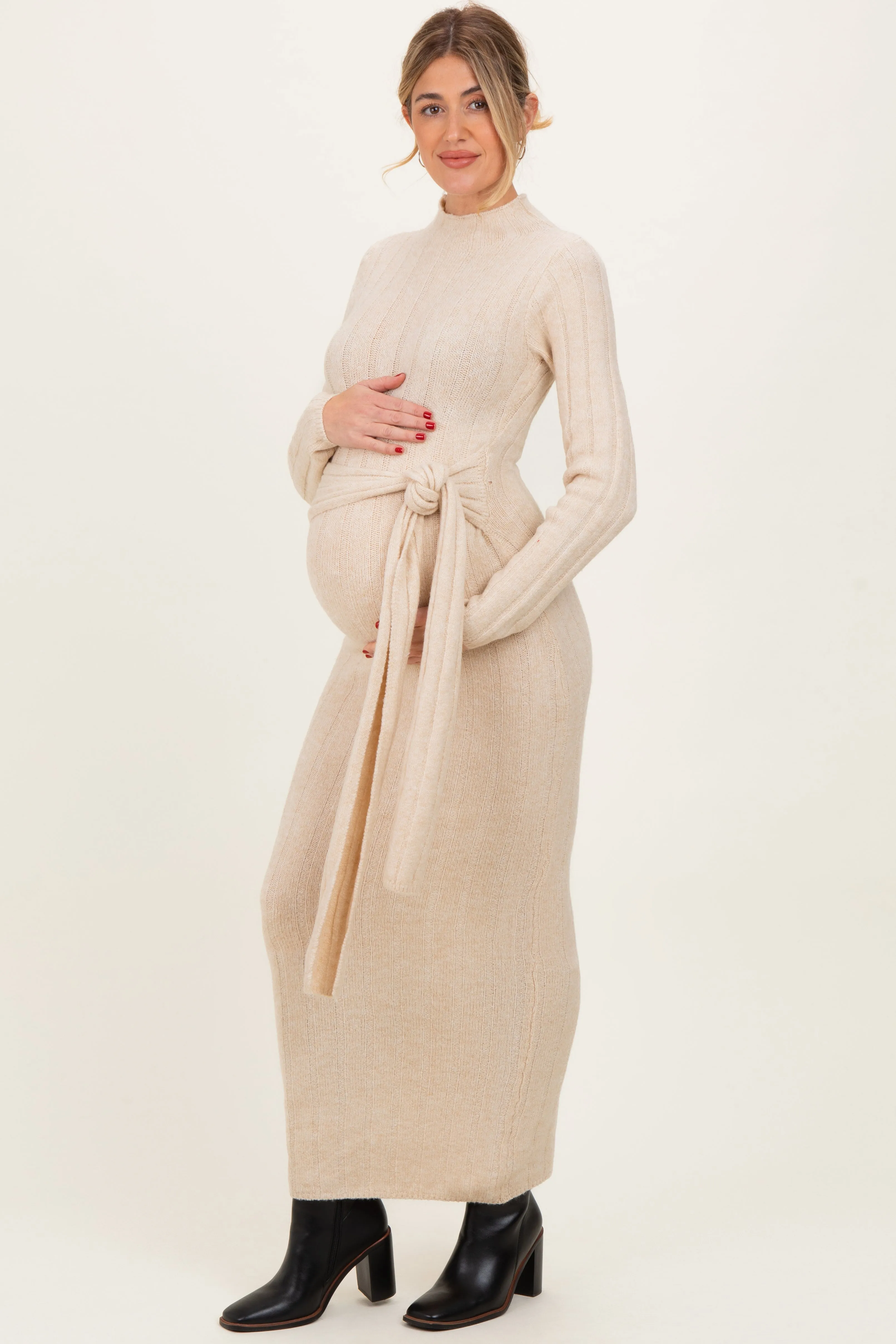 Cream Ribbed Front Tie Maternity Maxi Sweater Dress sold by Pinkblush product image thumbnail 3