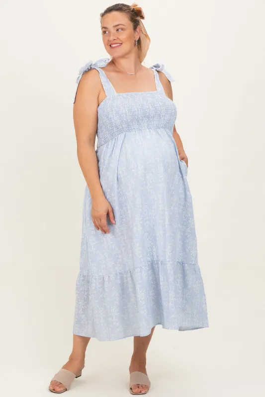 Blue/Ivory Plus Size Textured Floral Maternity Maxi Dress sold by Pinkblush