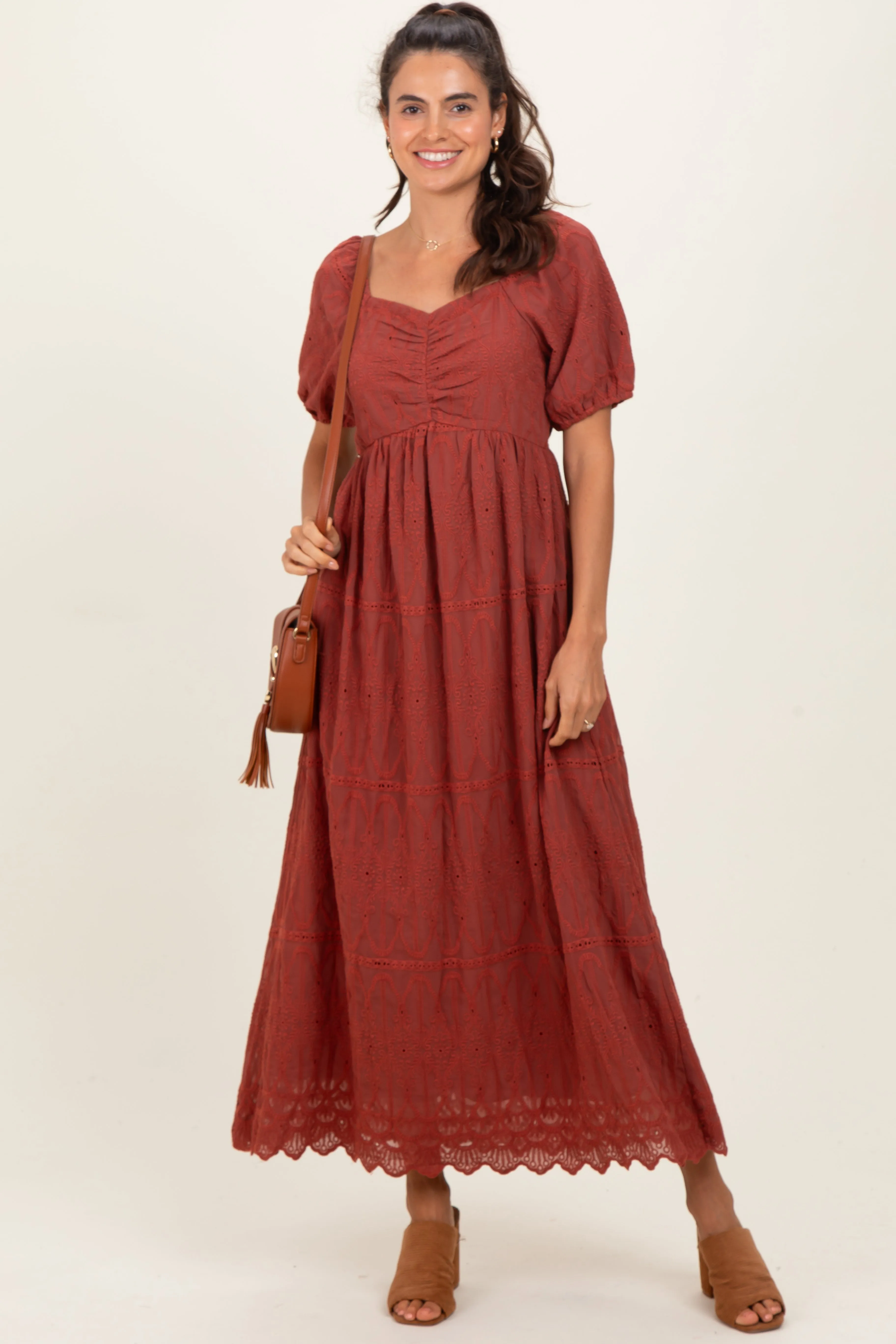 Rust Floral Embroidered Chiffon Midi Dress sold by Pinkblush