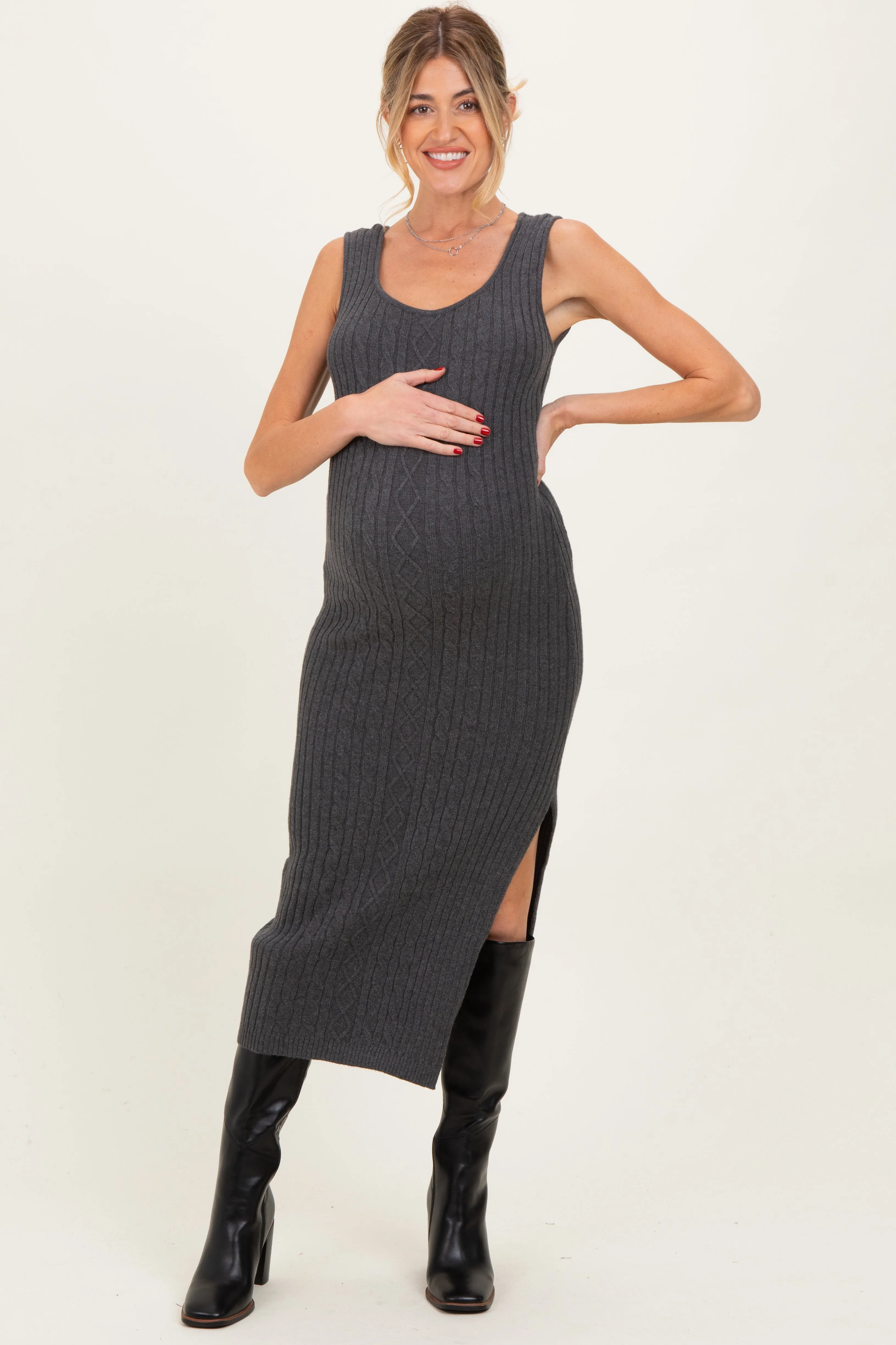 Charcoal Cable Knit Sleeveless Maternity Midi Dress sold by Pinkblush product image thumbnail 2
