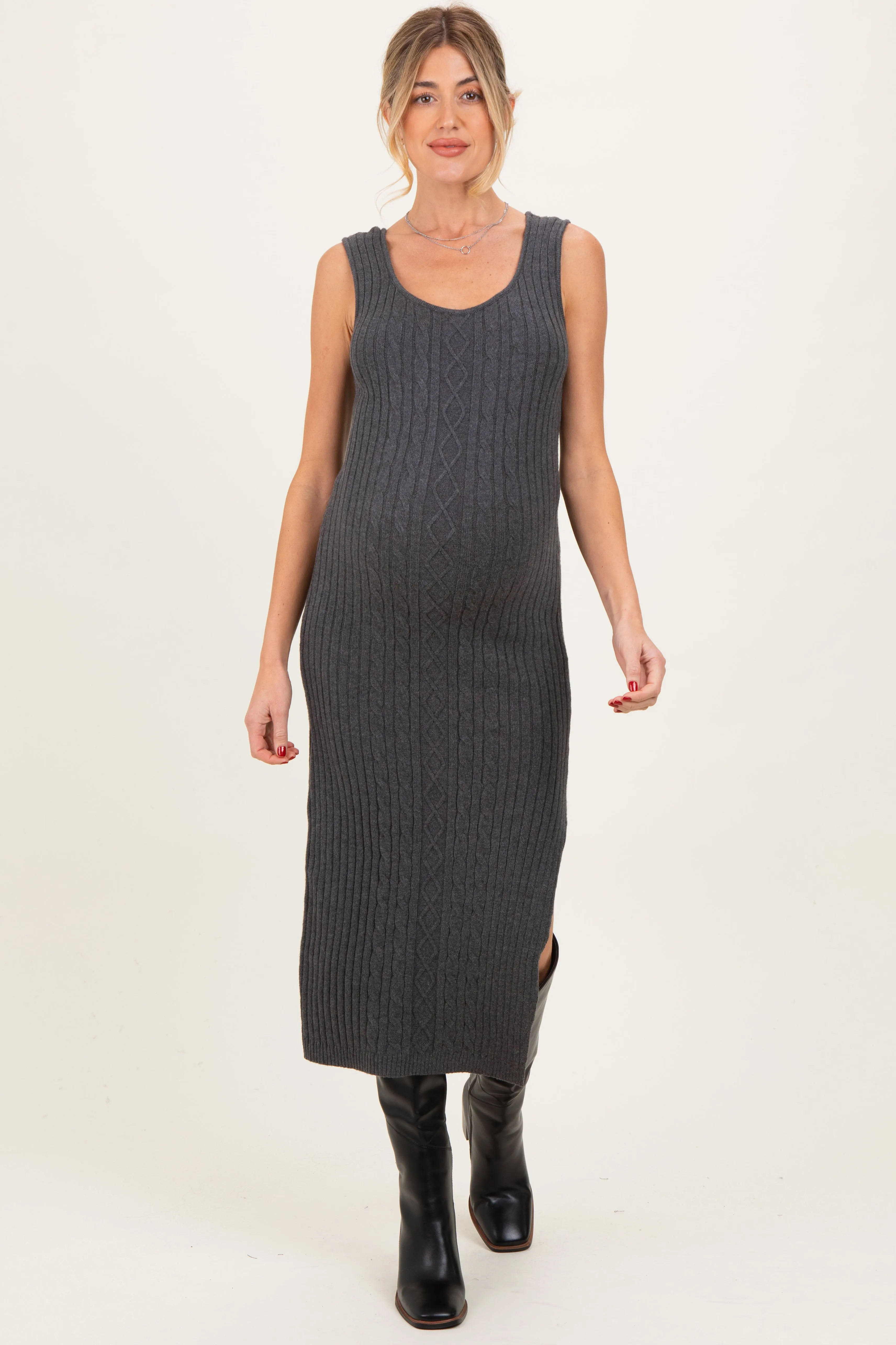 Charcoal Cable Knit Sleeveless Maternity Midi Dress sold by Pinkblush product image thumbnail 3