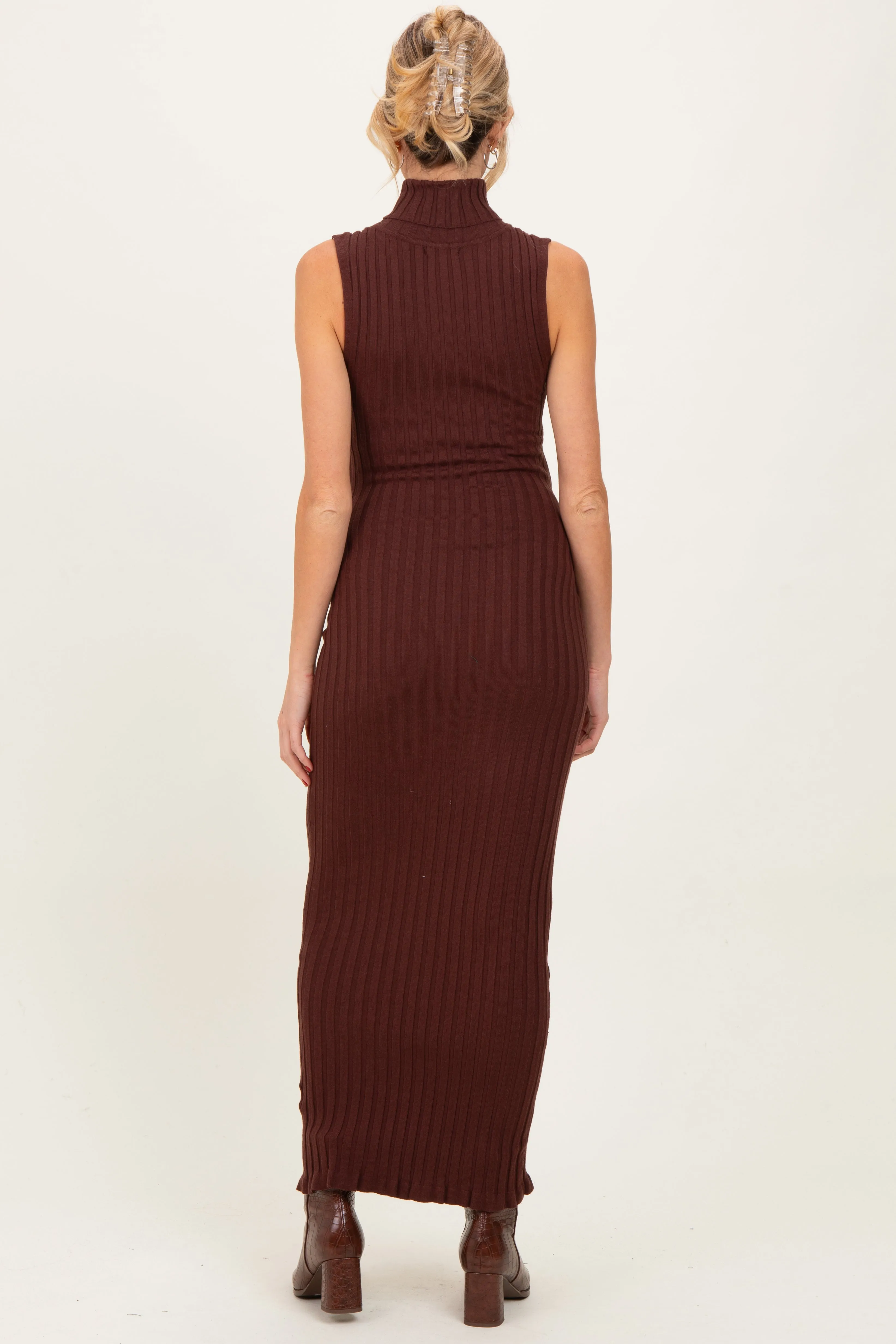 Brown Turtleneck Ribbed Knit Sleeveless Maternity Maxi Dress sold by Pinkblush product image thumbnail 4