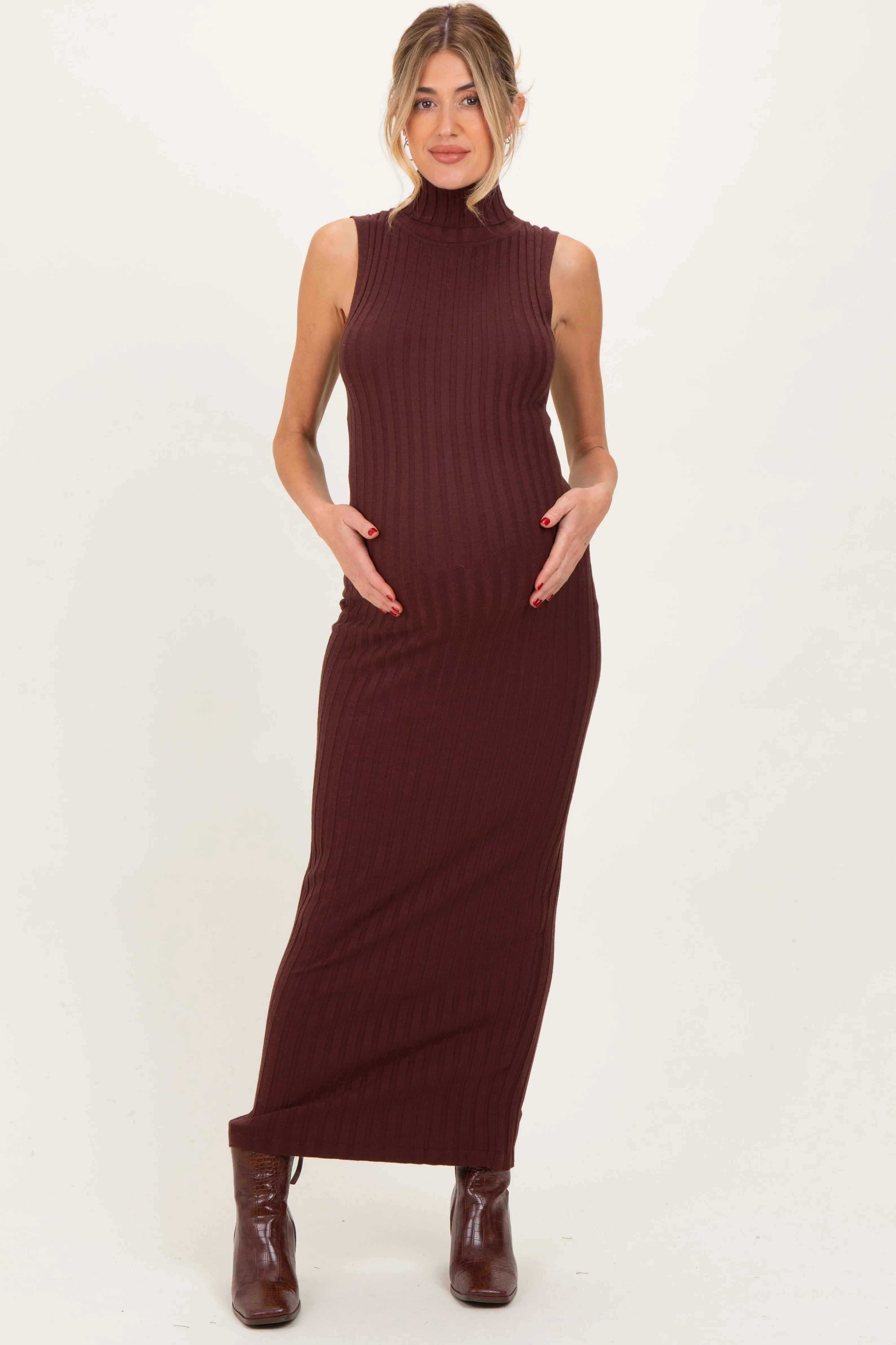 Brown Turtleneck Ribbed Knit Sleeveless Maternity Maxi Dress sold by Pinkblush