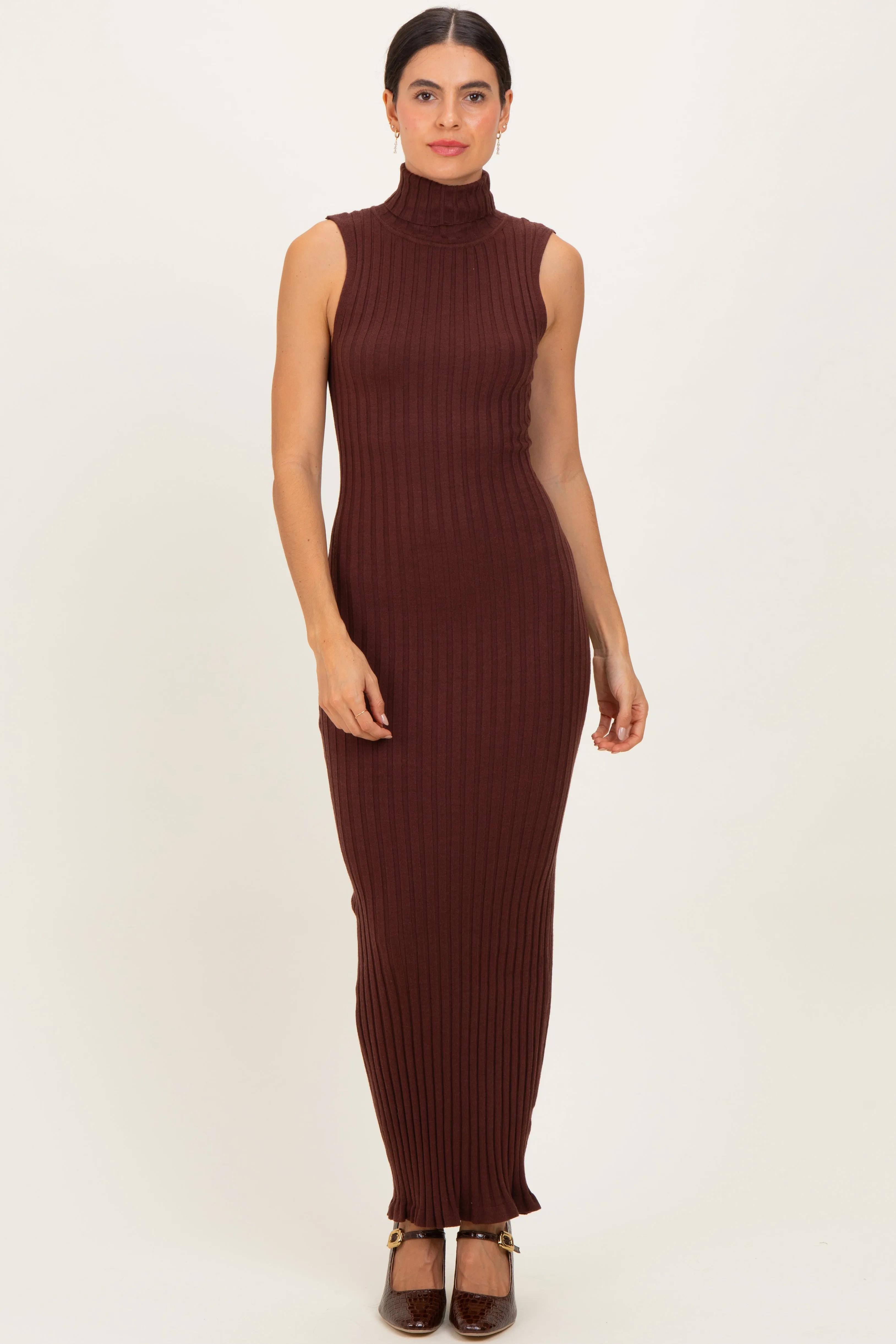 Brown Turtleneck Ribbed Knit Sleeveless Maternity Maxi Dress sold by Pinkblush product image thumbnail 5