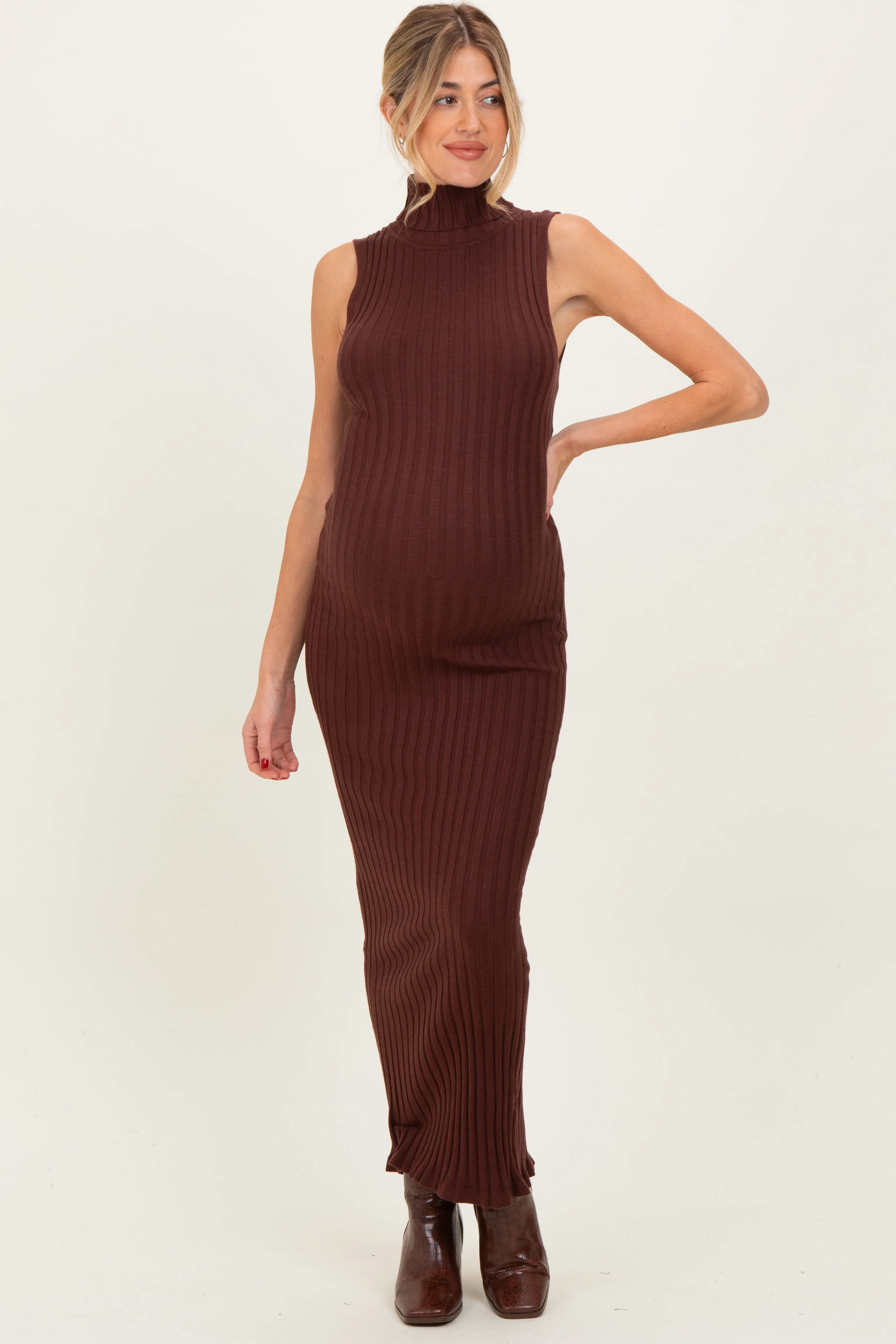 Brown Turtleneck Ribbed Knit Sleeveless Maternity Maxi Dress sold by Pinkblush product image thumbnail 2