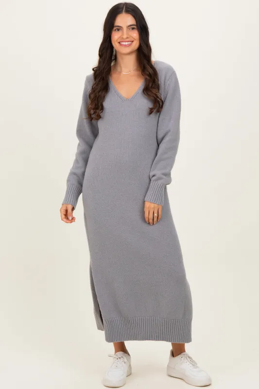 Heather Grey V-Neck Relaxed Fit Sweater Dress sold by Pinkblush