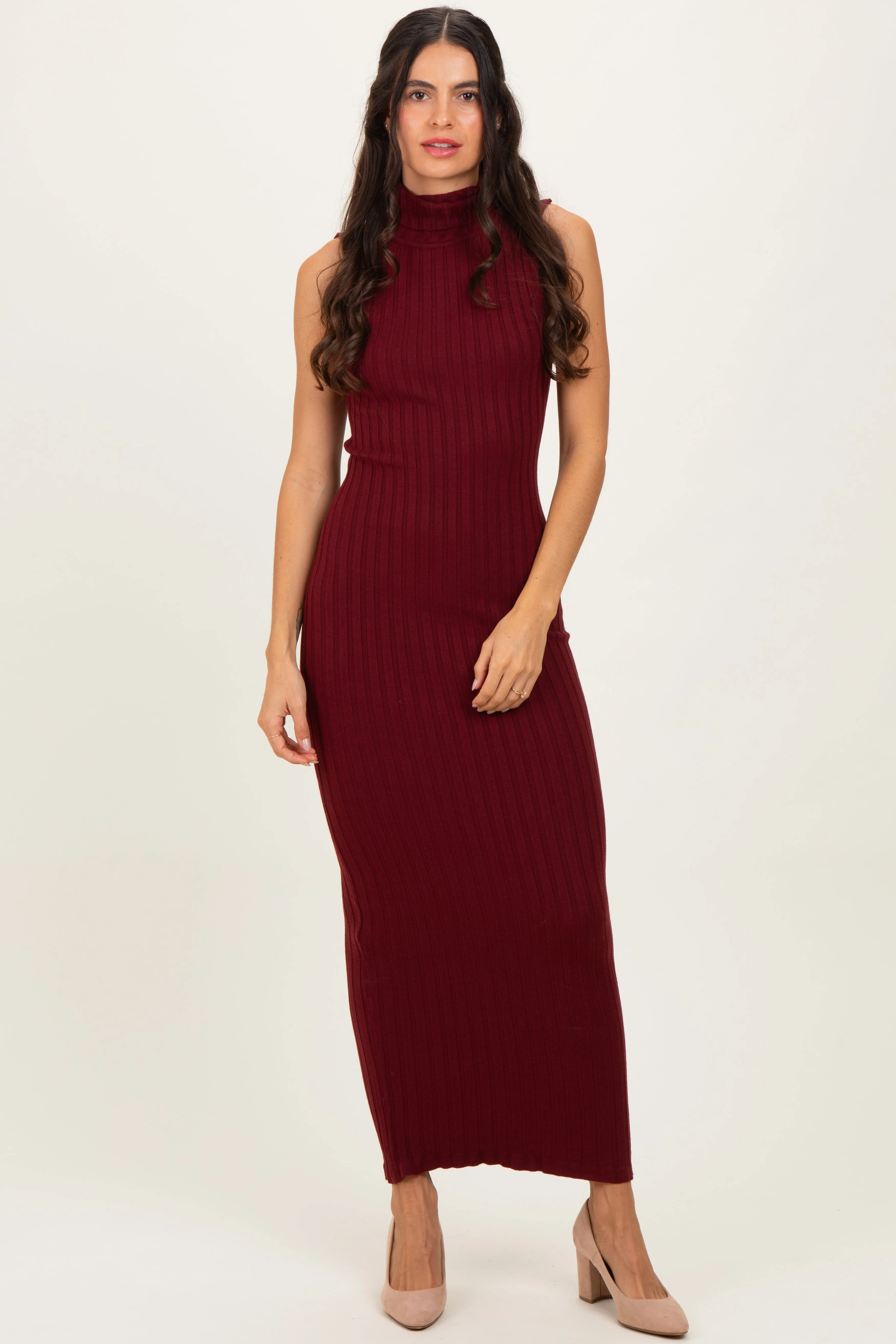 Wine Turtleneck Ribbed Knit Sleeveless Maternity Maxi Dress sold by Pinkblush product image thumbnail 5