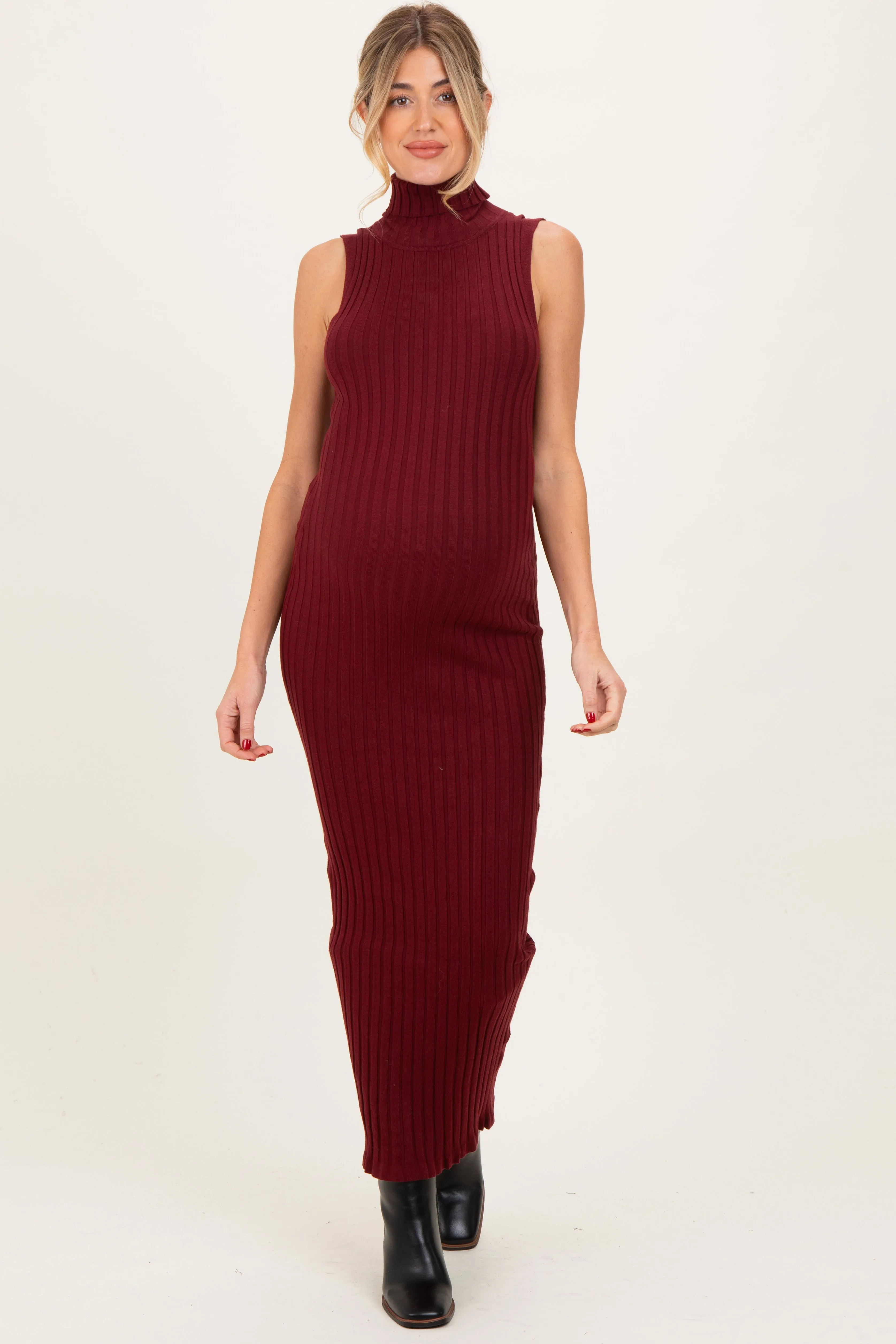 Wine Turtleneck Ribbed Knit Sleeveless Maternity Maxi Dress sold by Pinkblush product image thumbnail 3