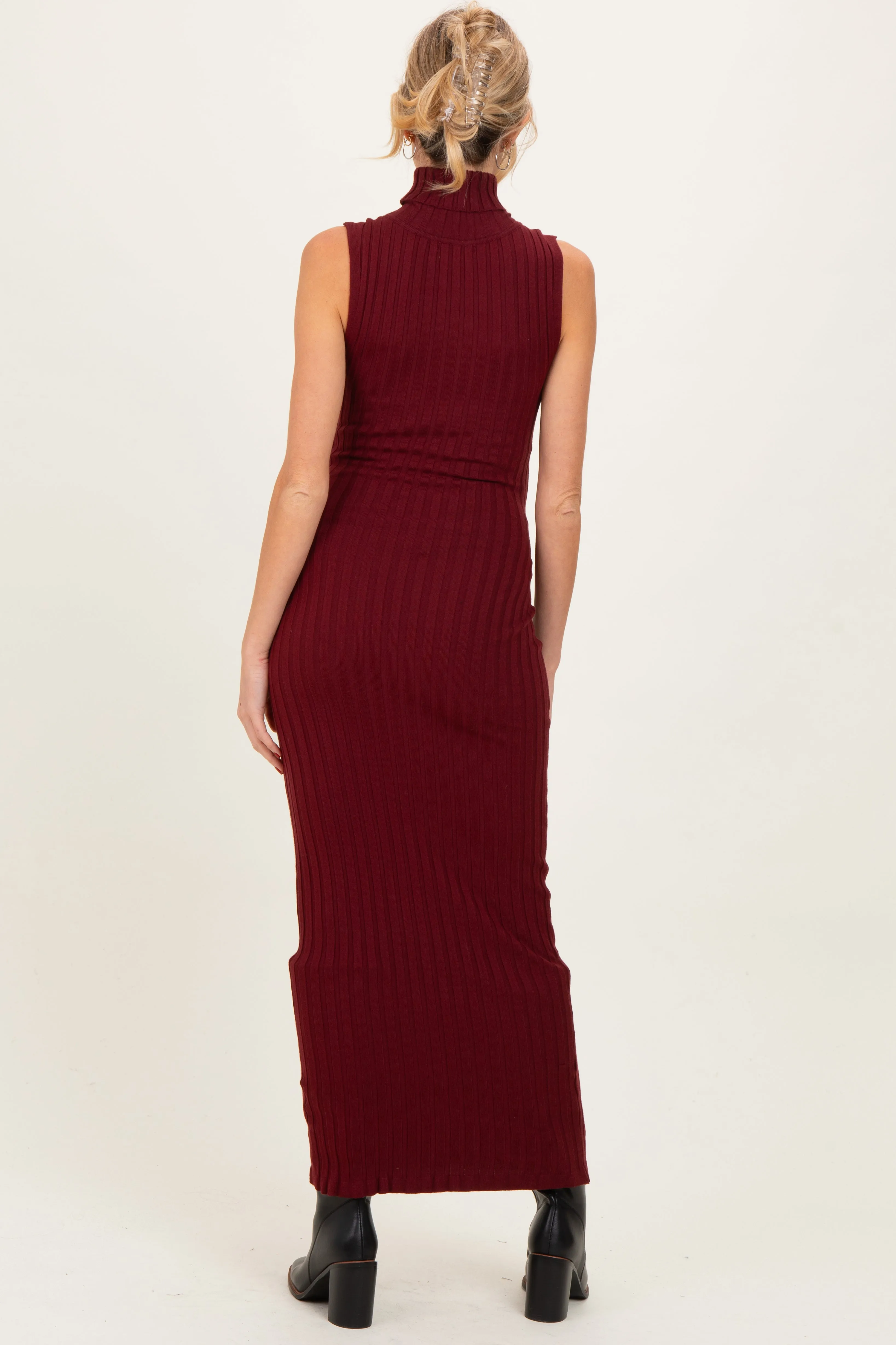 Wine Turtleneck Ribbed Knit Sleeveless Maternity Maxi Dress sold by Pinkblush product image thumbnail 4