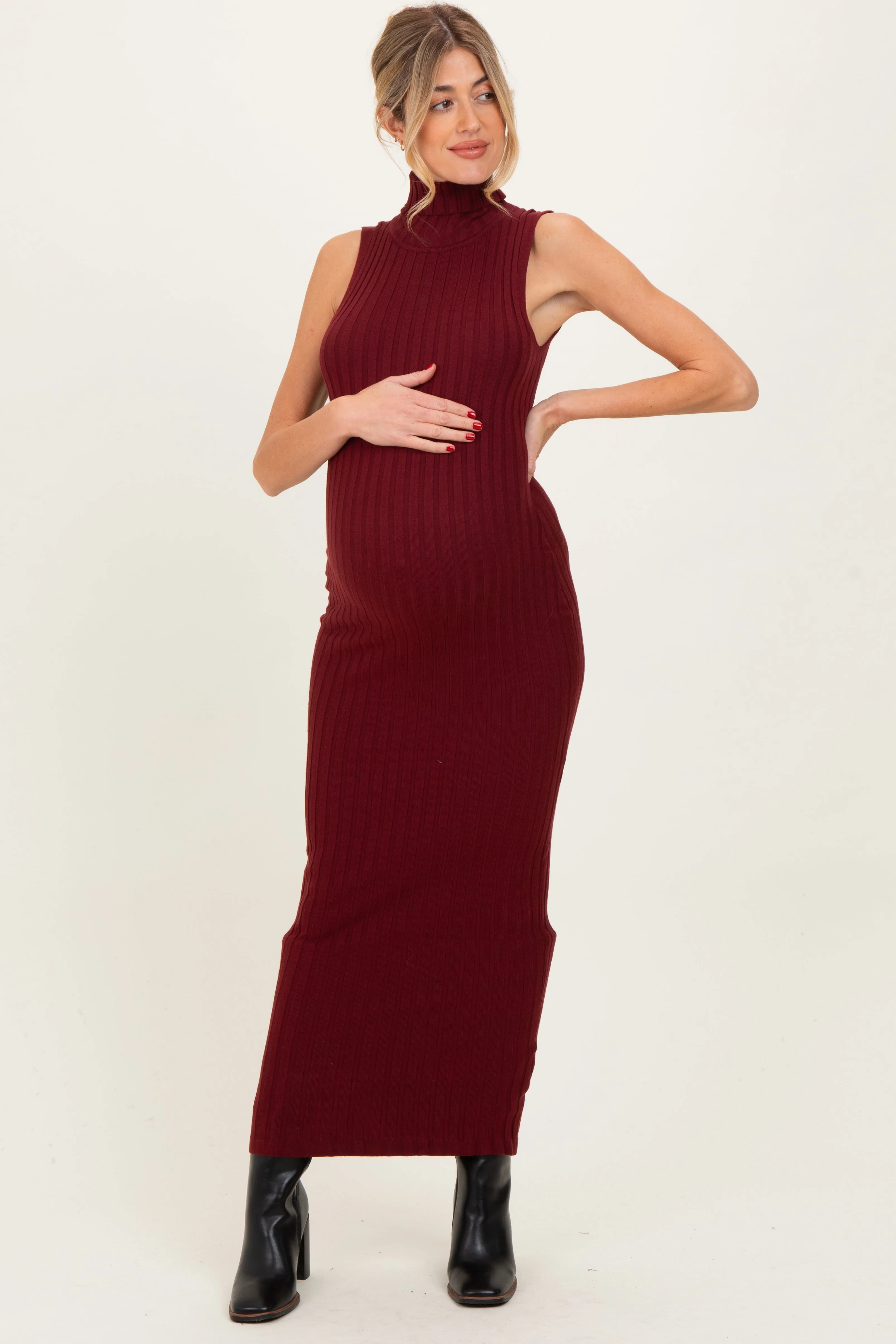 Wine Turtleneck Ribbed Knit Sleeveless Maternity Maxi Dress sold by Pinkblush