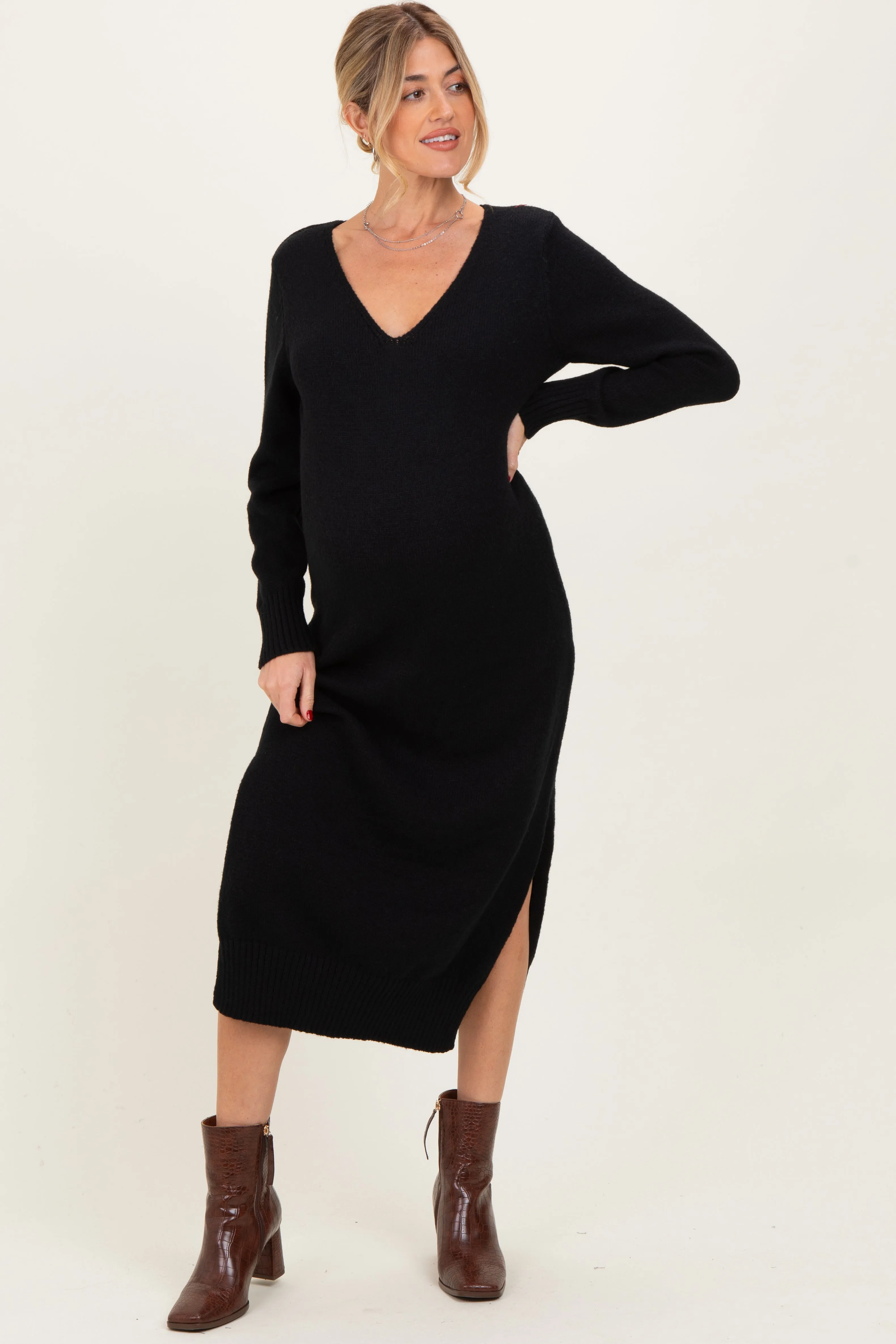 Black V-Neck Relaxed Fit Maternity Sweater Dress sold by Pinkblush