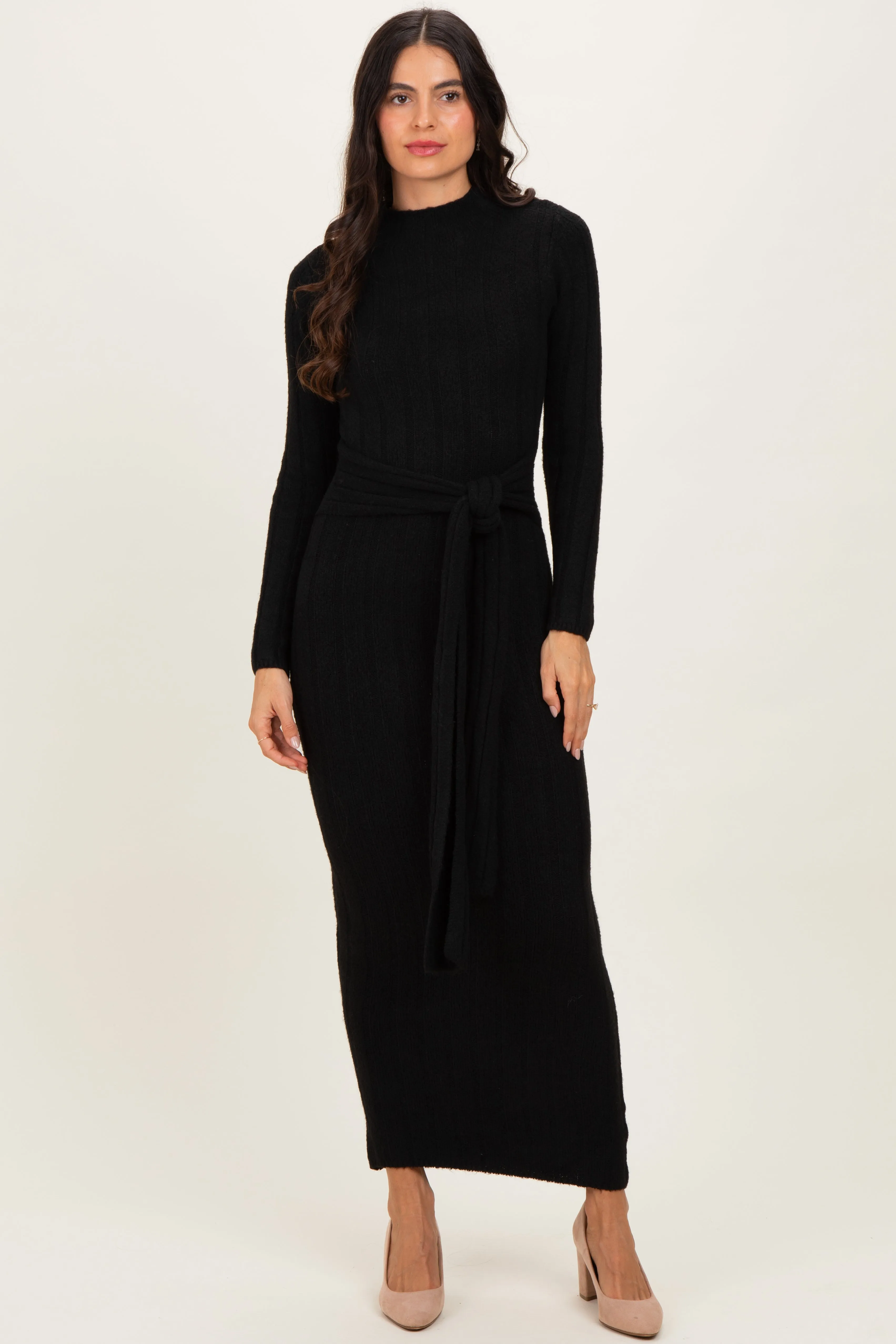 Black Ribbed Front Tie Maternity Maxi Sweater Dress sold by Pinkblush product image thumbnail 5