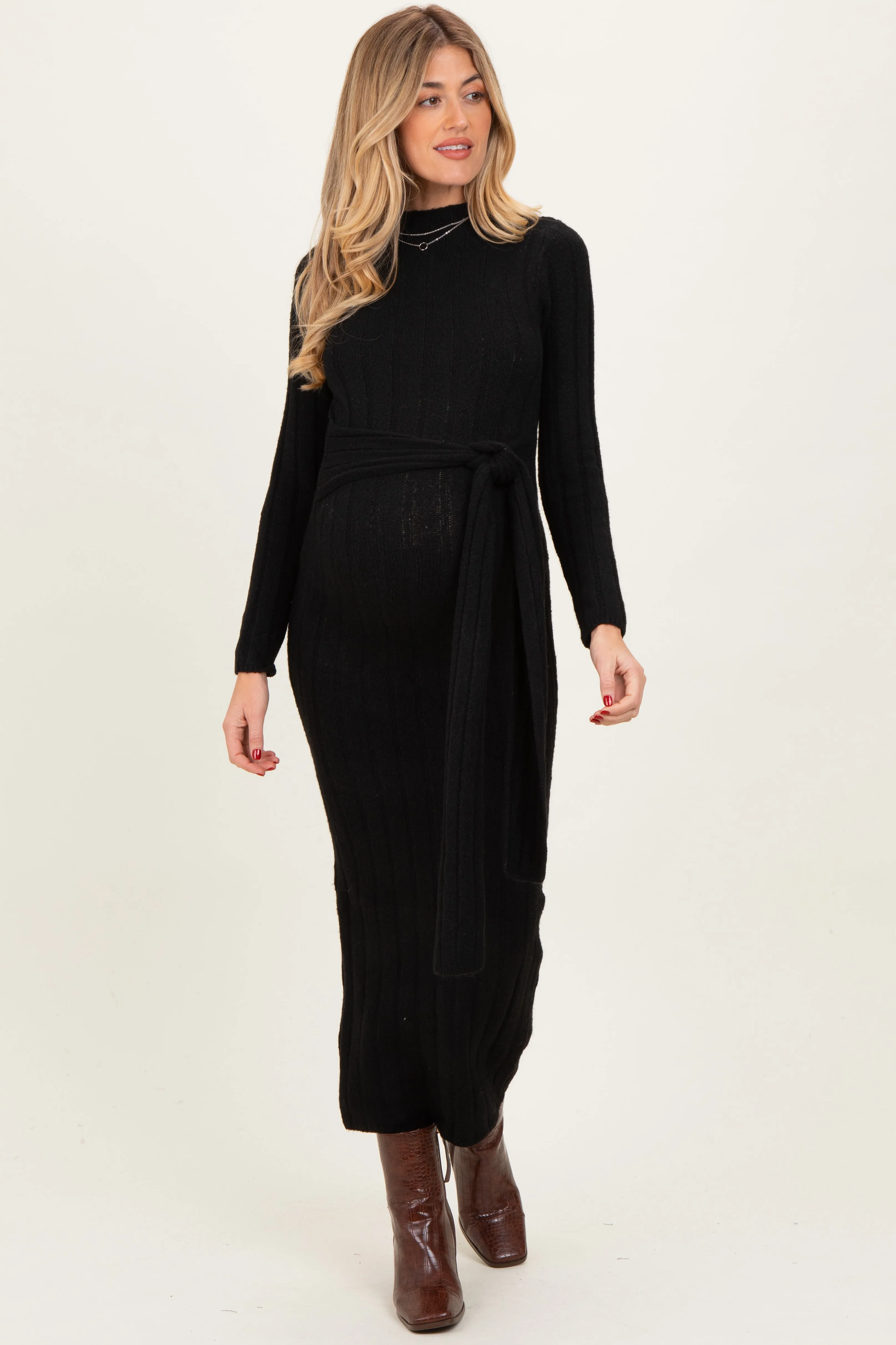 Black Ribbed Front Tie Maternity Maxi Sweater Dress sold by Pinkblush product image thumbnail 2