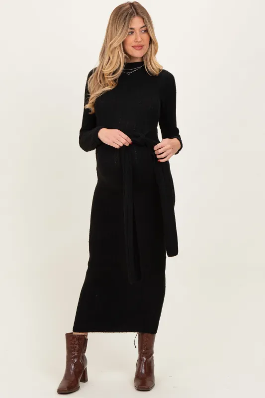 Black Ribbed Front Tie Maternity Maxi Sweater Dress sold by Pinkblush