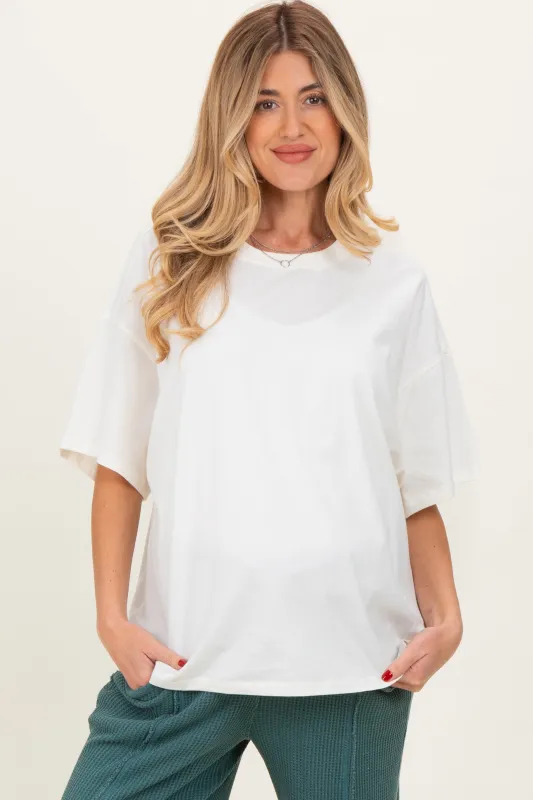 Cream Crew Neck Short Sleeve Oversized Maternity T-Shirt sold by Pinkblush